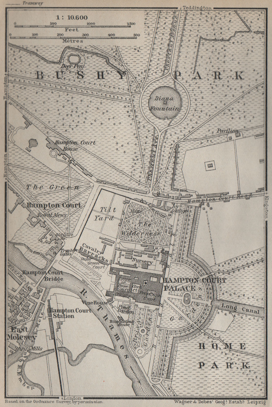 HAMPTON COURT PALACE & BUSHY PARK. East Molesey. London. BAEDEKER 1930 old map