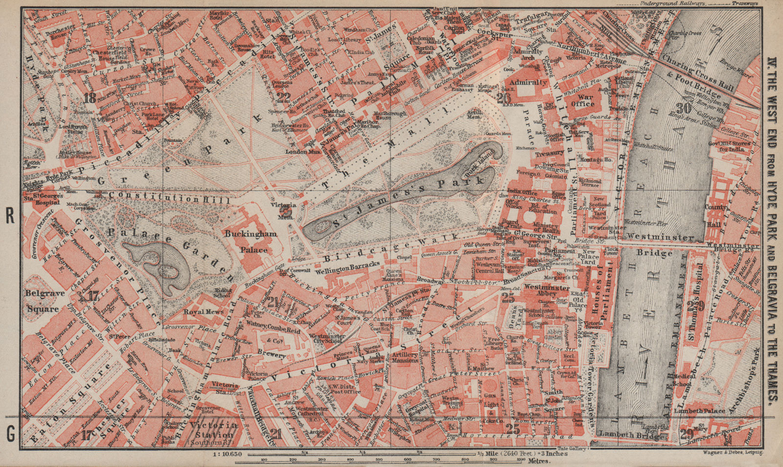 LONDON. St James's Mayfair Westminster Victoria Belgravia Lambeth 1930 old map