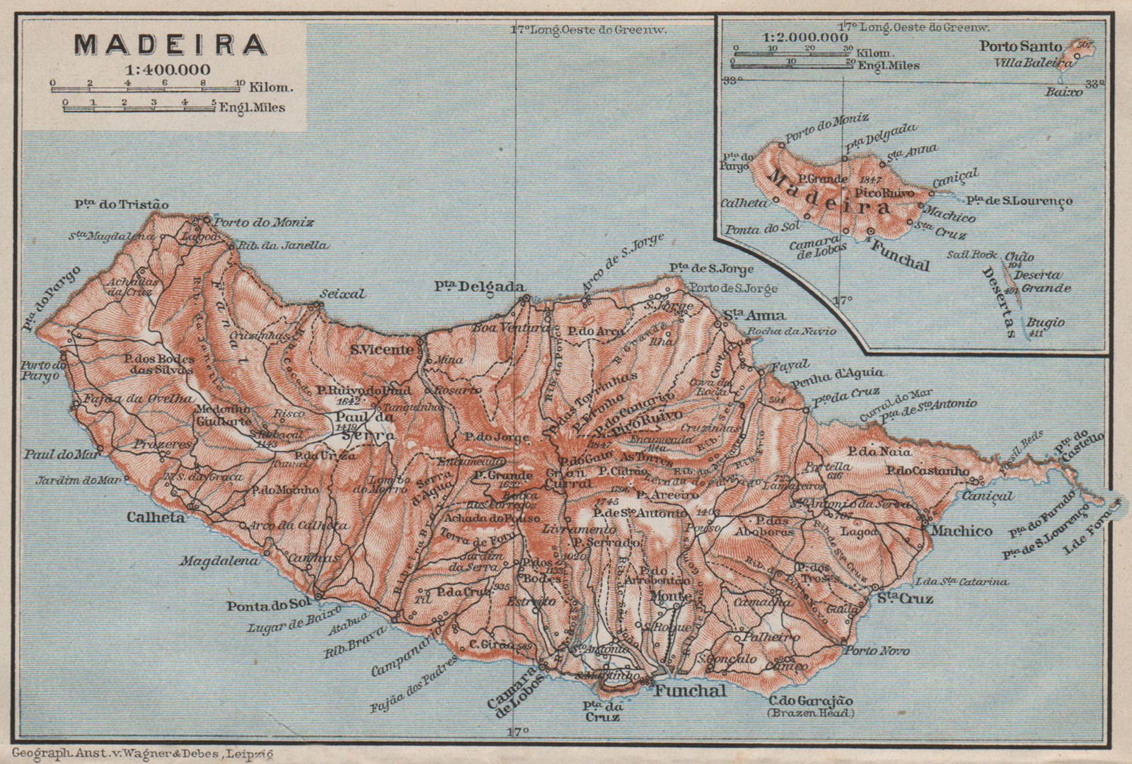 MADEIRA island topo-map. Portugal mapa. BAEDEKER 1911 old antique chart