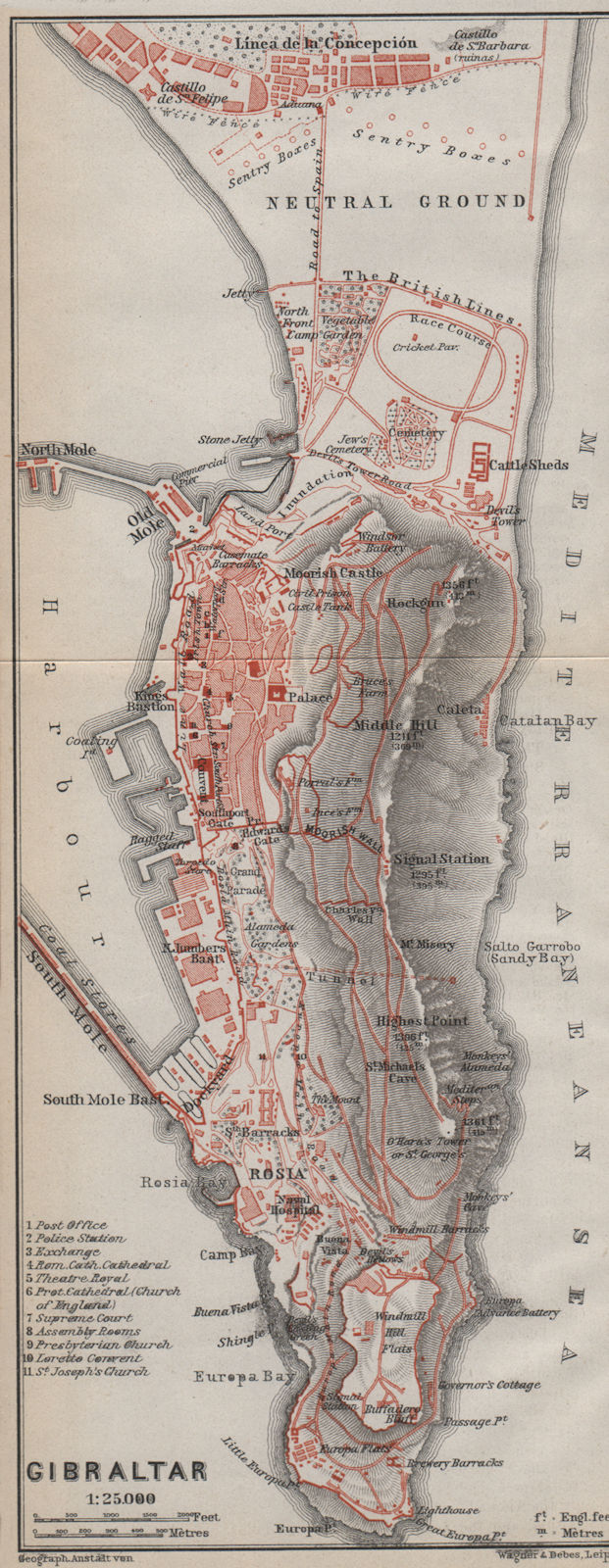 GIBRALTAR antique town city plan. Gibraltar. BAEDEKER 1911 old map