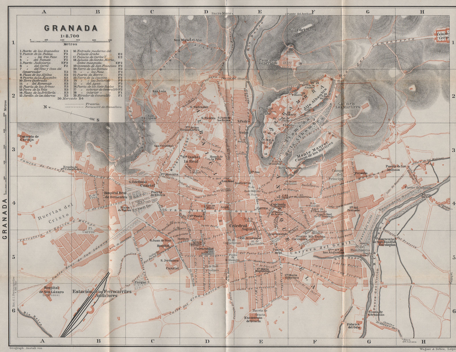 GRANADA antique town city ciudad plan. Spain España mapa. BAEDEKER 1911