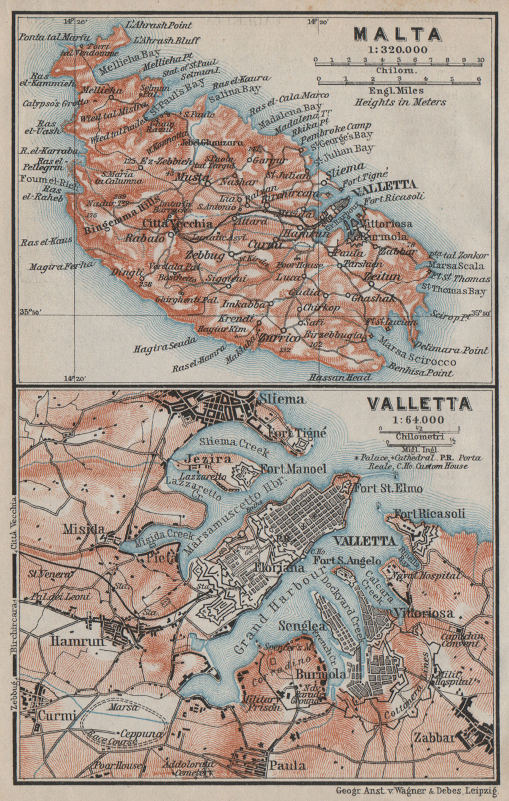 MALTA with VALETTA antique town city plan. BAEDEKER 1911 old map chart