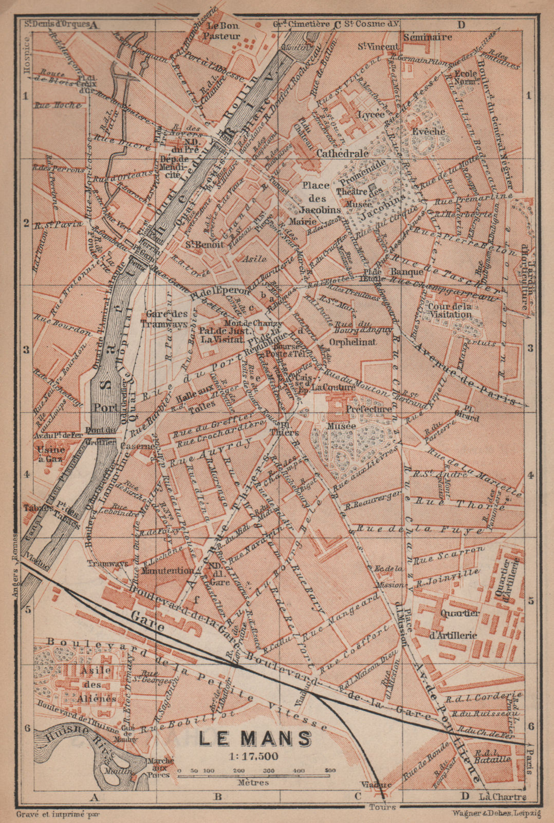 LE MANS antique town city plan de la ville. Sarthe carte. BAEDEKER 1899 map