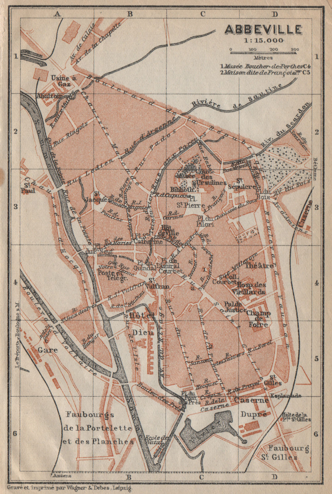 Associate Product ABBEVILLE antique town city plan de la ville. Somme carte. BAEDEKER 1909 map