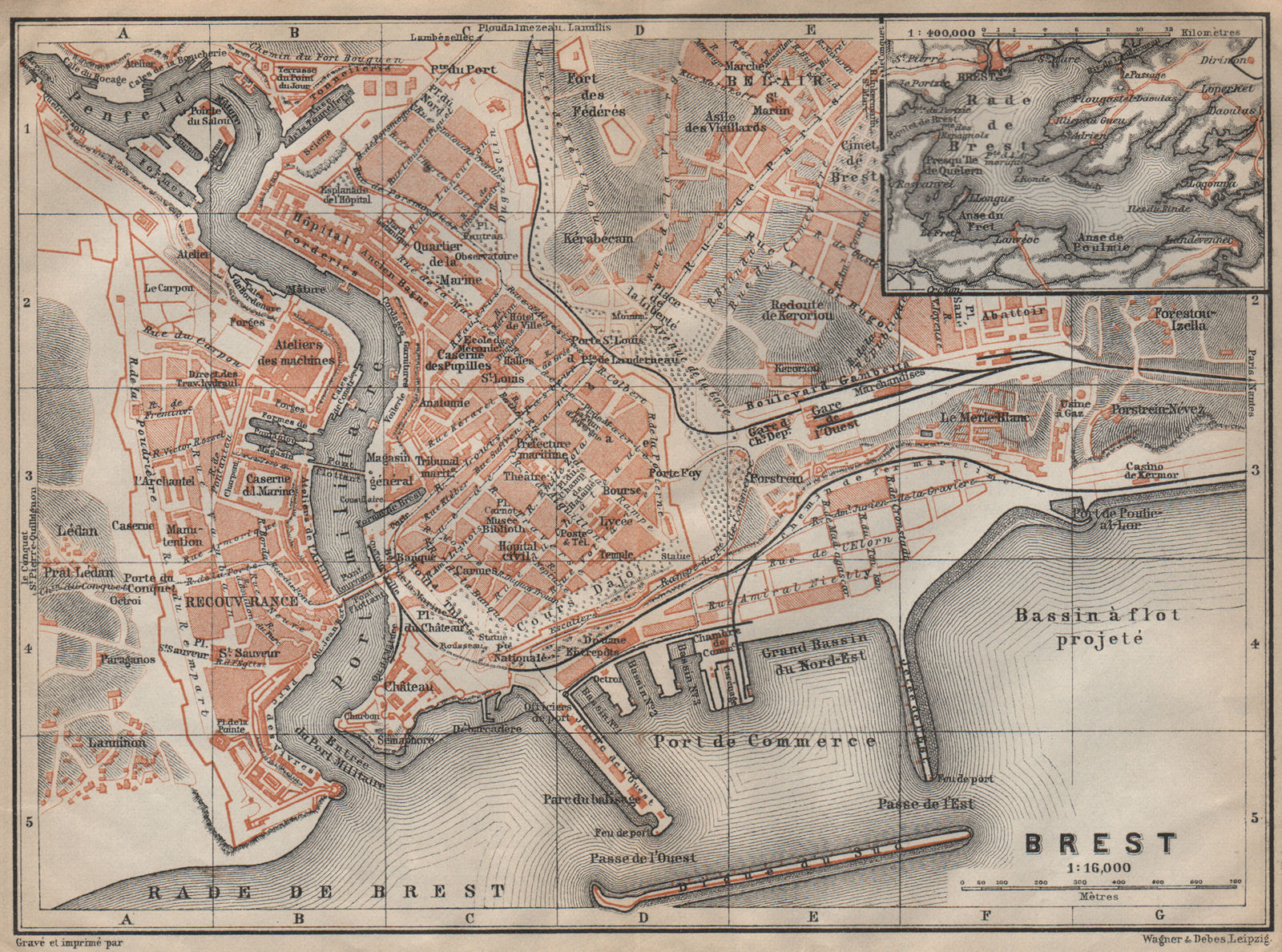 BREST town city plan de la ville. Finistère. Rade de Brest carte 1909 old map