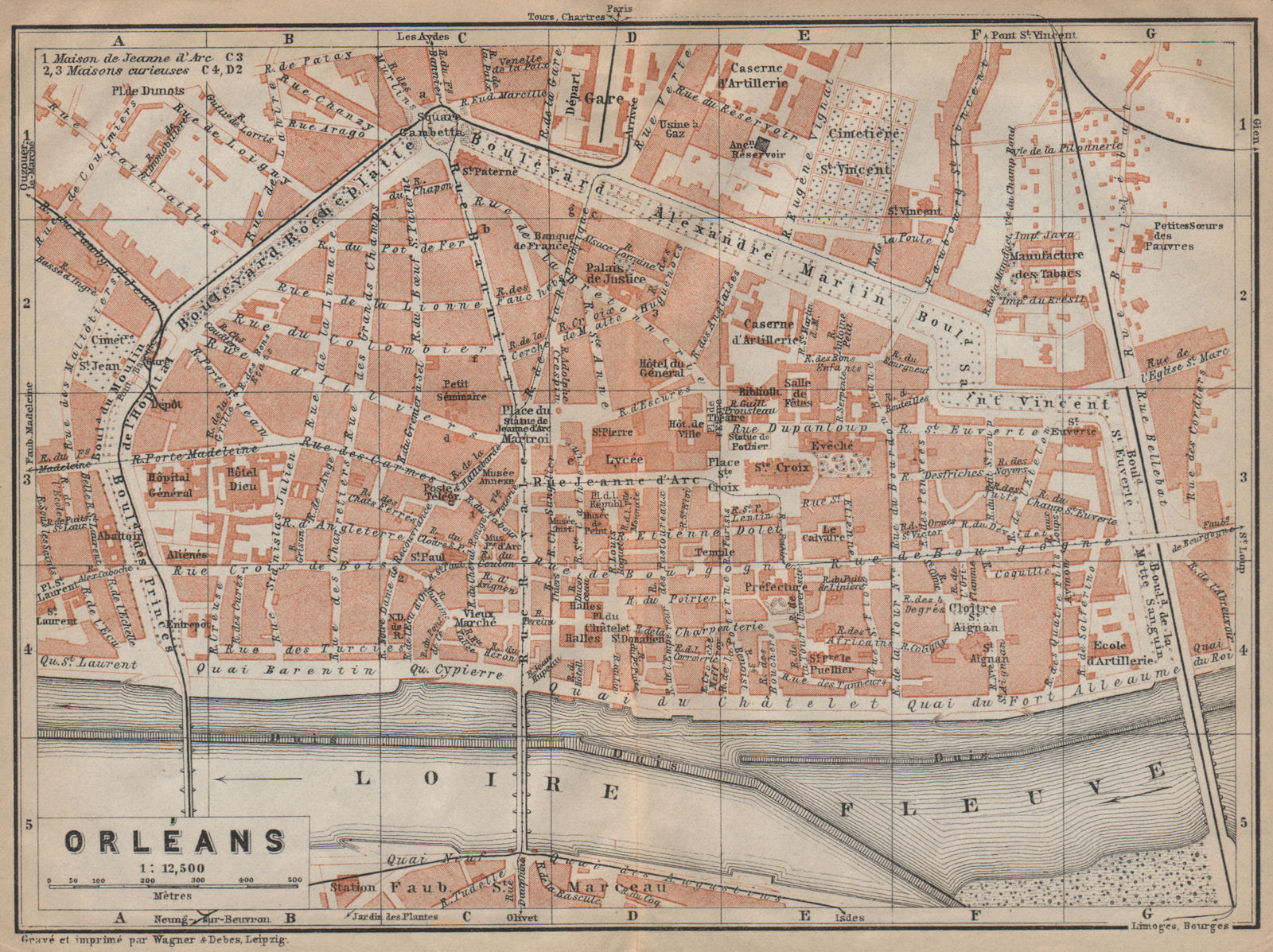 ORLÉANS antique town city plan de la ville. Loiret. Orleans carte 1909 old map