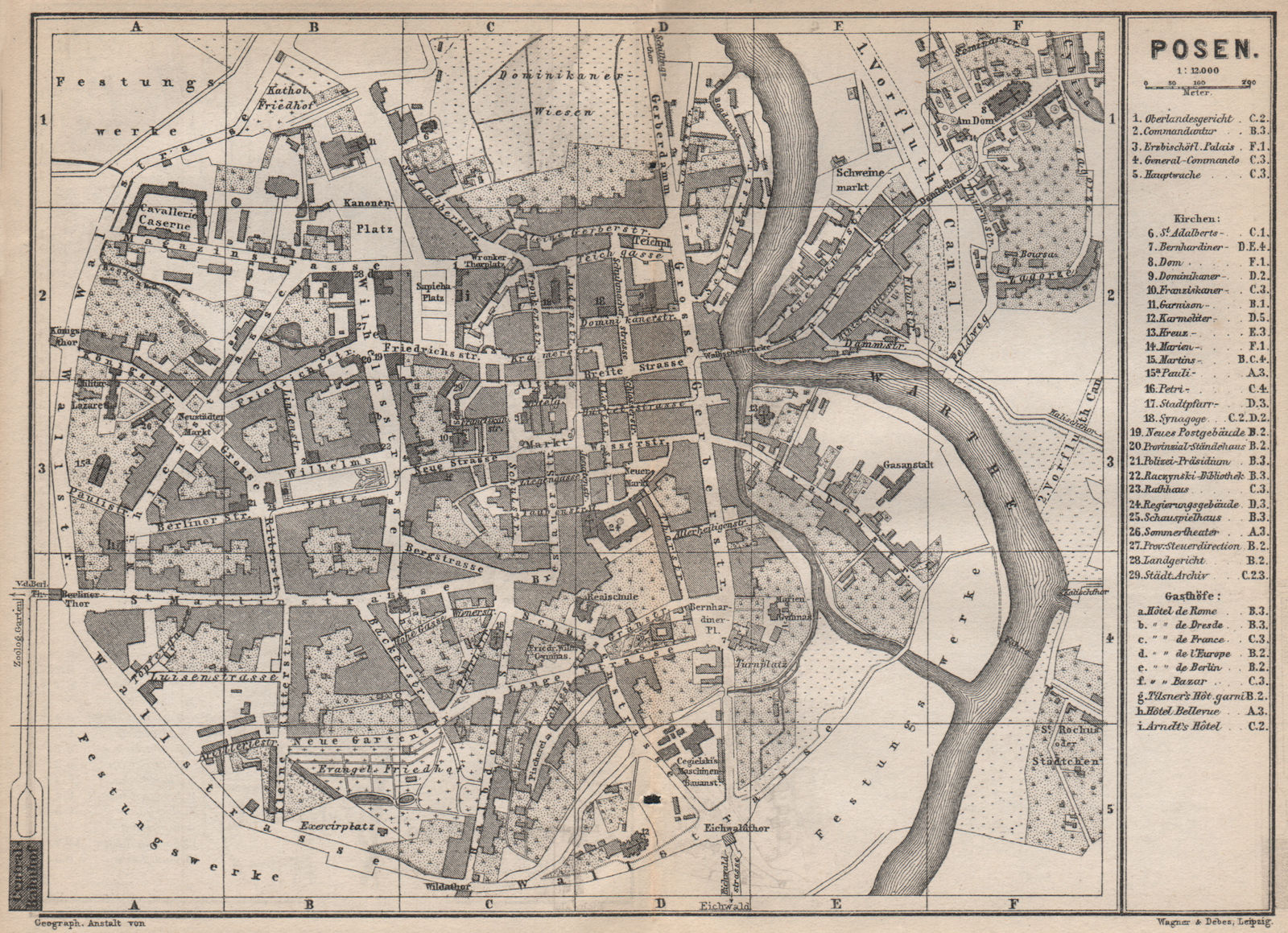 POSEN POZNAN antique town city plan miasta. Poznań. Poland mapa 1886 old