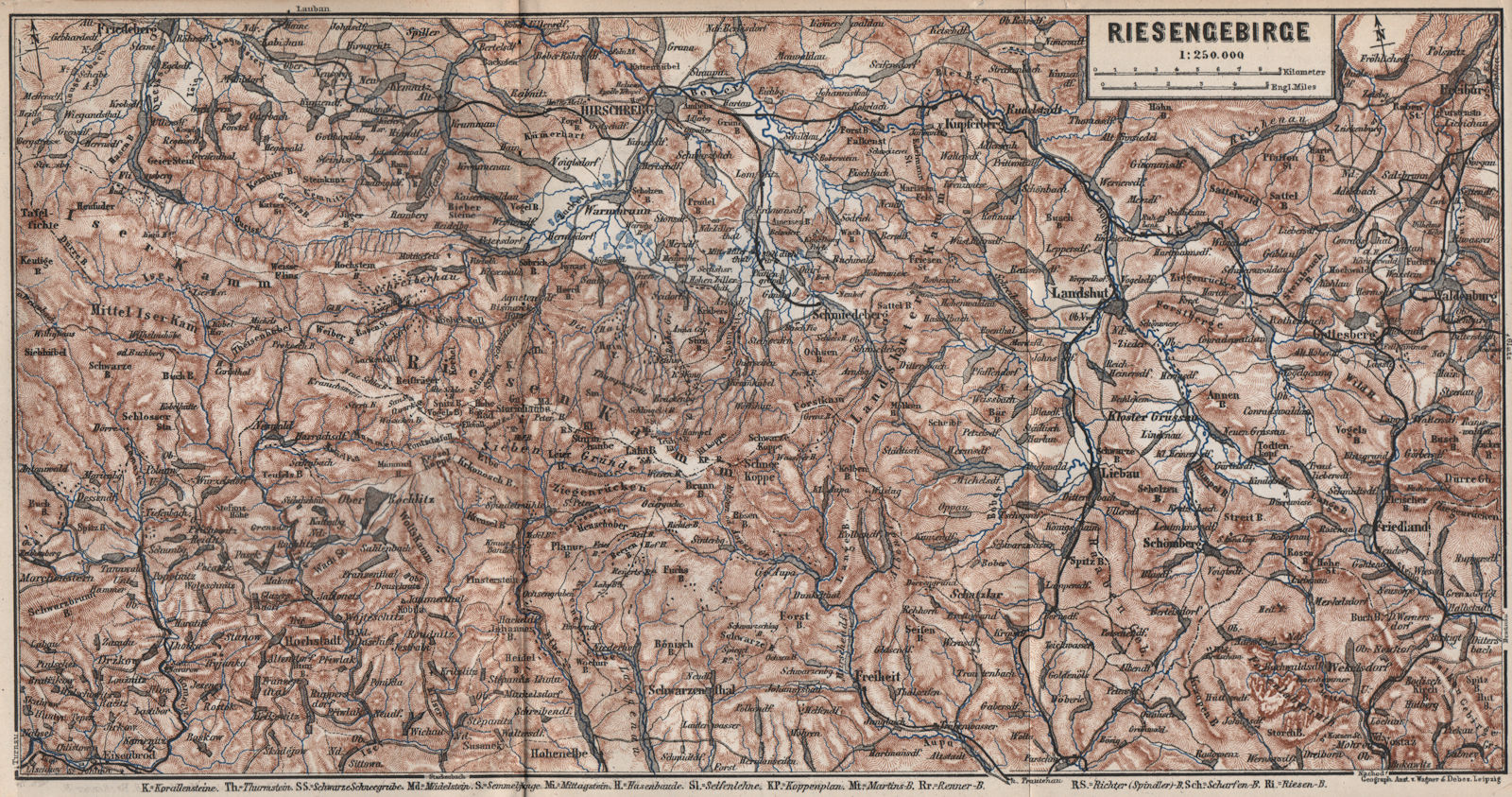KARKONOSZE/IZERY/SUDETY MOUNTAINS Jelenia Gora Lubawka Swiebodzice 1886 map