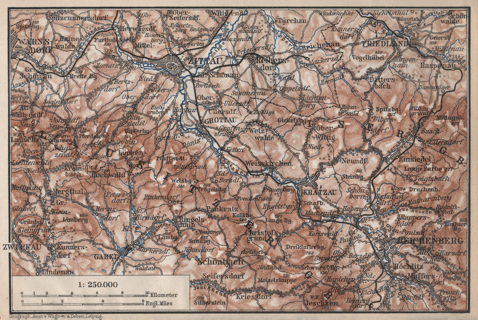 LUSATIAN MOUNTAINS. Zittau Liberec Frydlant Bogatynia Luzicke hory 1886 map