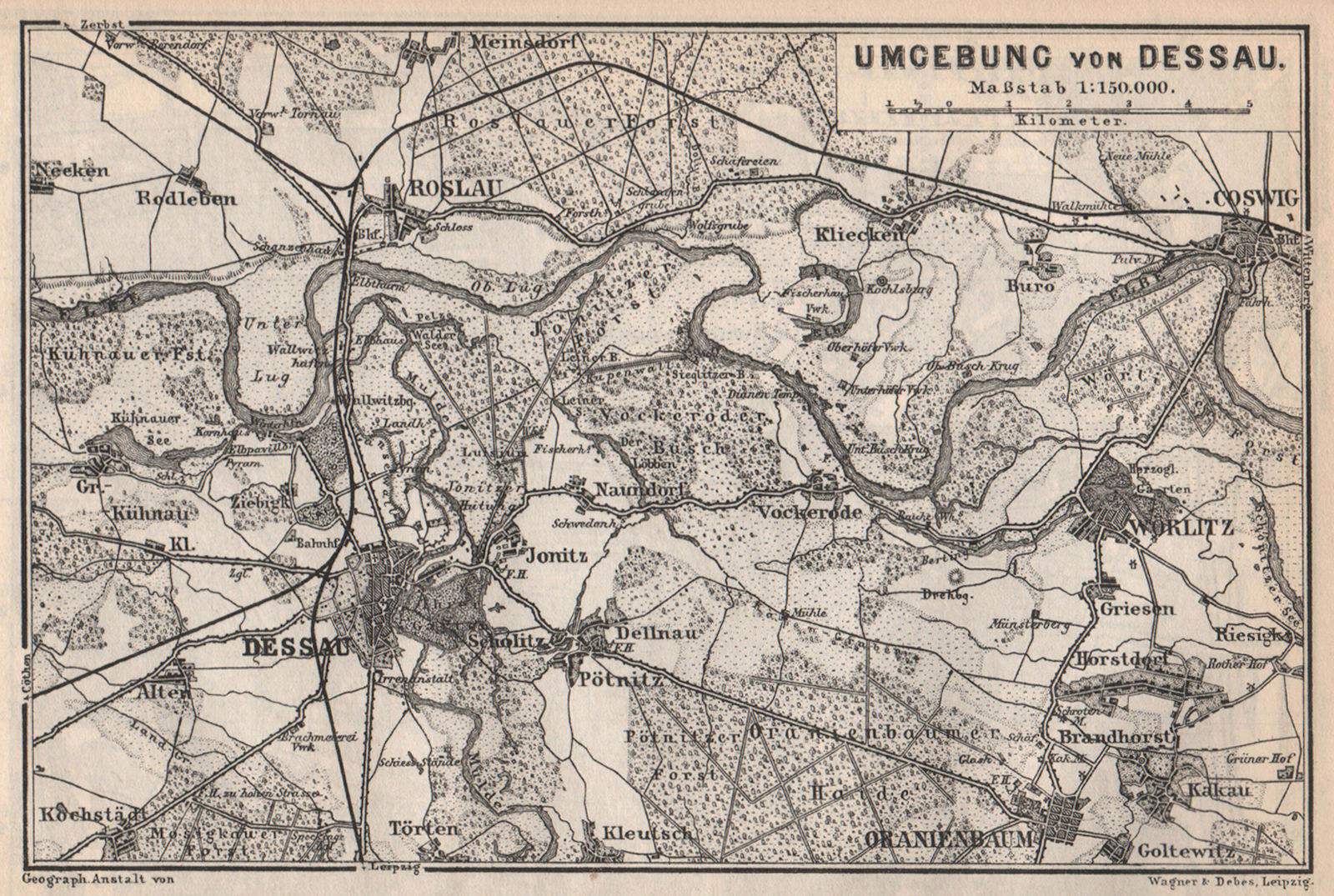 DESSAU environs/umgebung. Roslau Roßlau Worlitz Coswig Oranienbaum 1886 map
