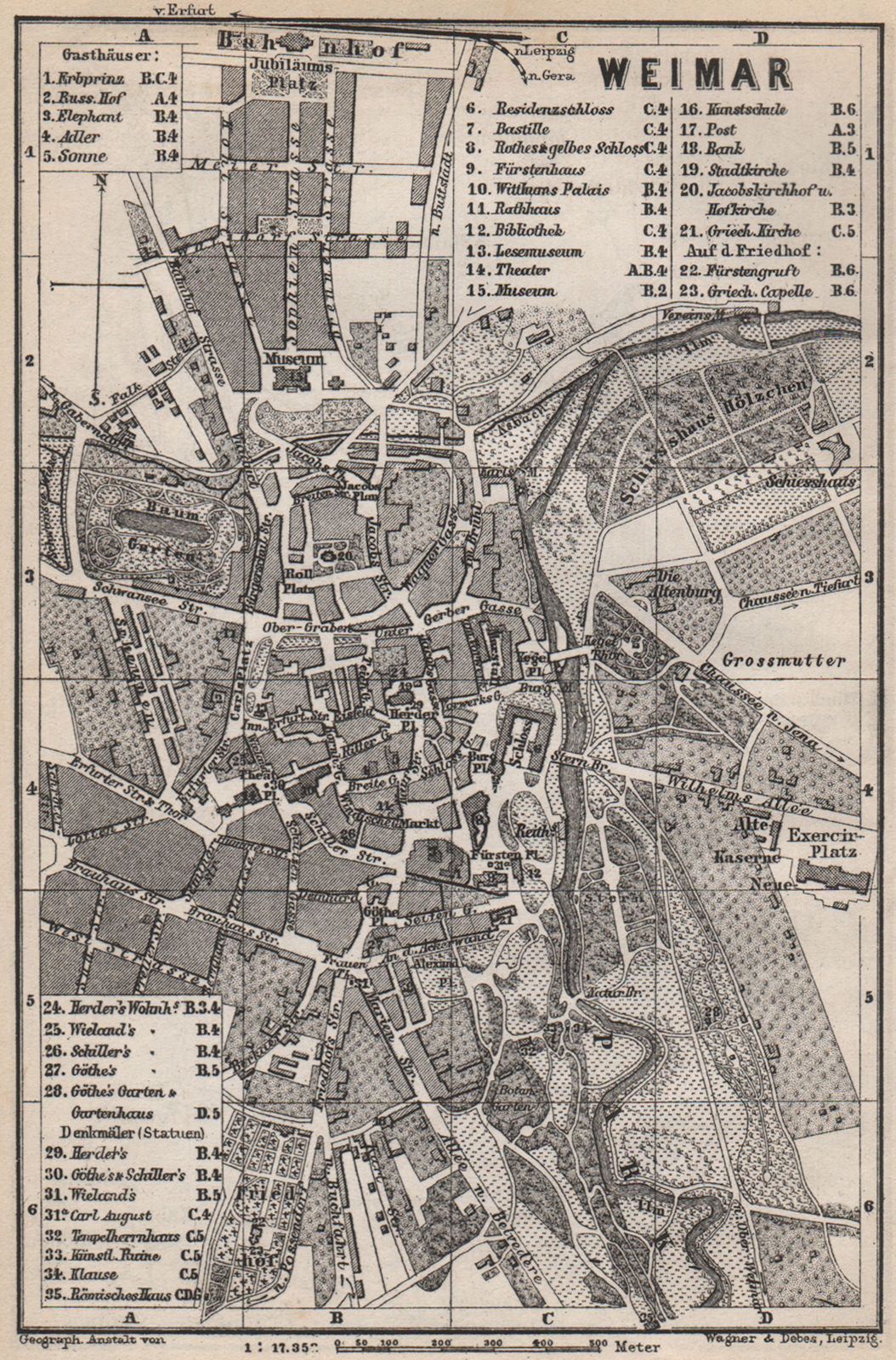 WEIMAR antique town city stadtplan. Thuringia karte. BAEDEKER 1886 old map