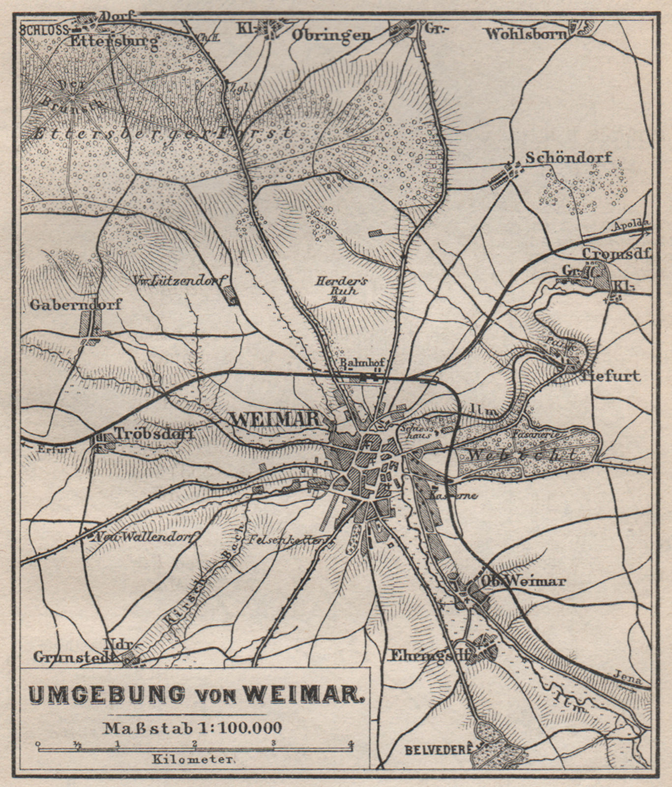 Associate Product WEIMAR umgebung / environs. Thuringia karte. BAEDEKER. SMALL 1886 old map