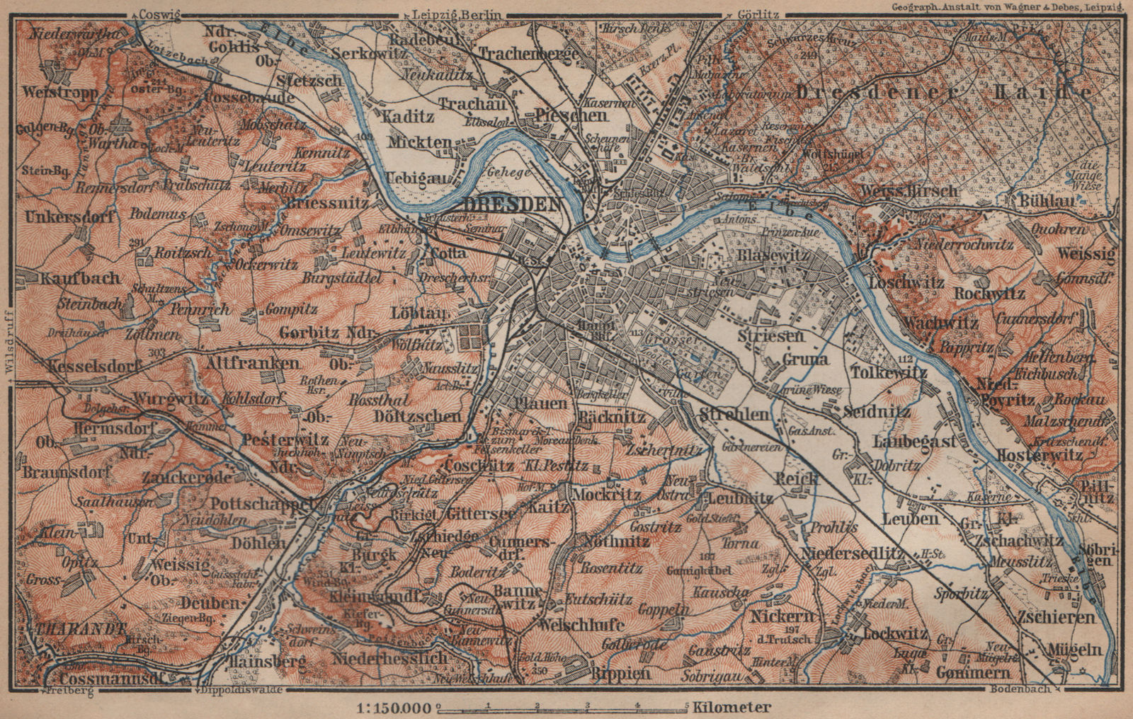 Associate Product DRESDEN & environs/umgebung. Saxony karte. BAEDEKER 1900 old antique map chart