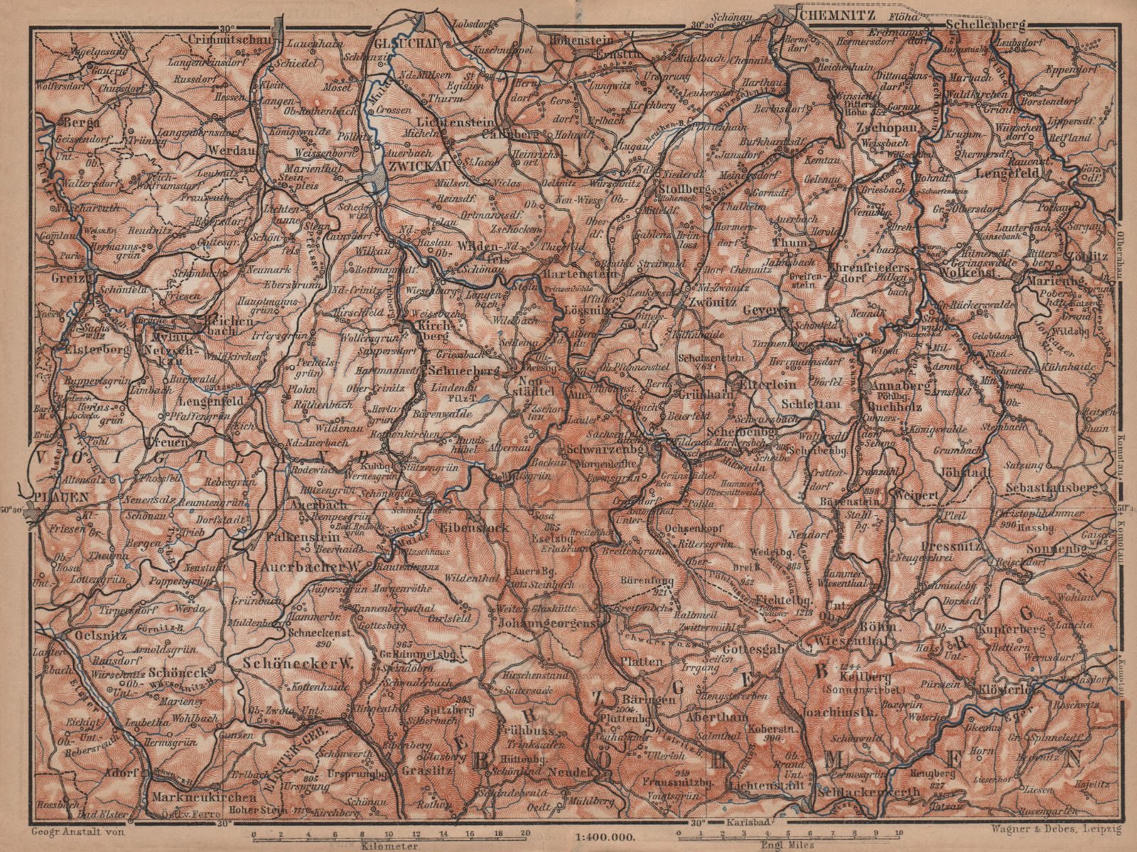 Associate Product ORE MOUNTAINS. Erzgebirge Krusne hory Chemnitz Zwickau Plauen Glauchau 1900 map