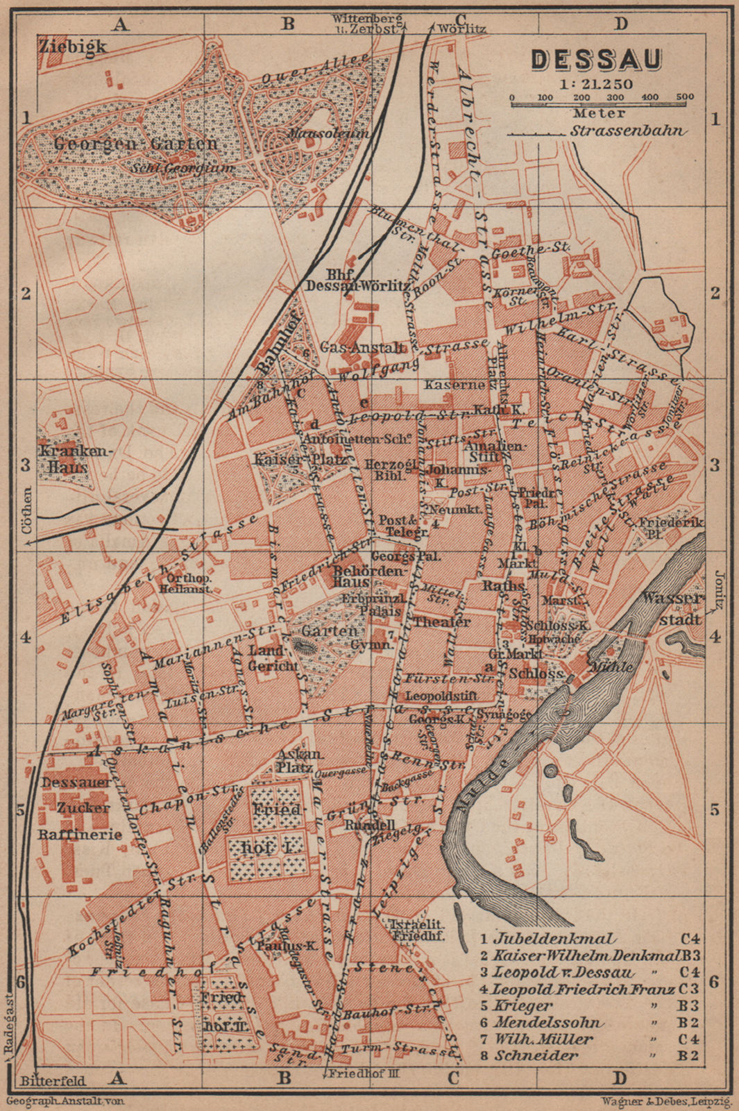 DESSAU antique town city stadtplan. Saxony-Anhalt karte. BAEDEKER 1900 old map