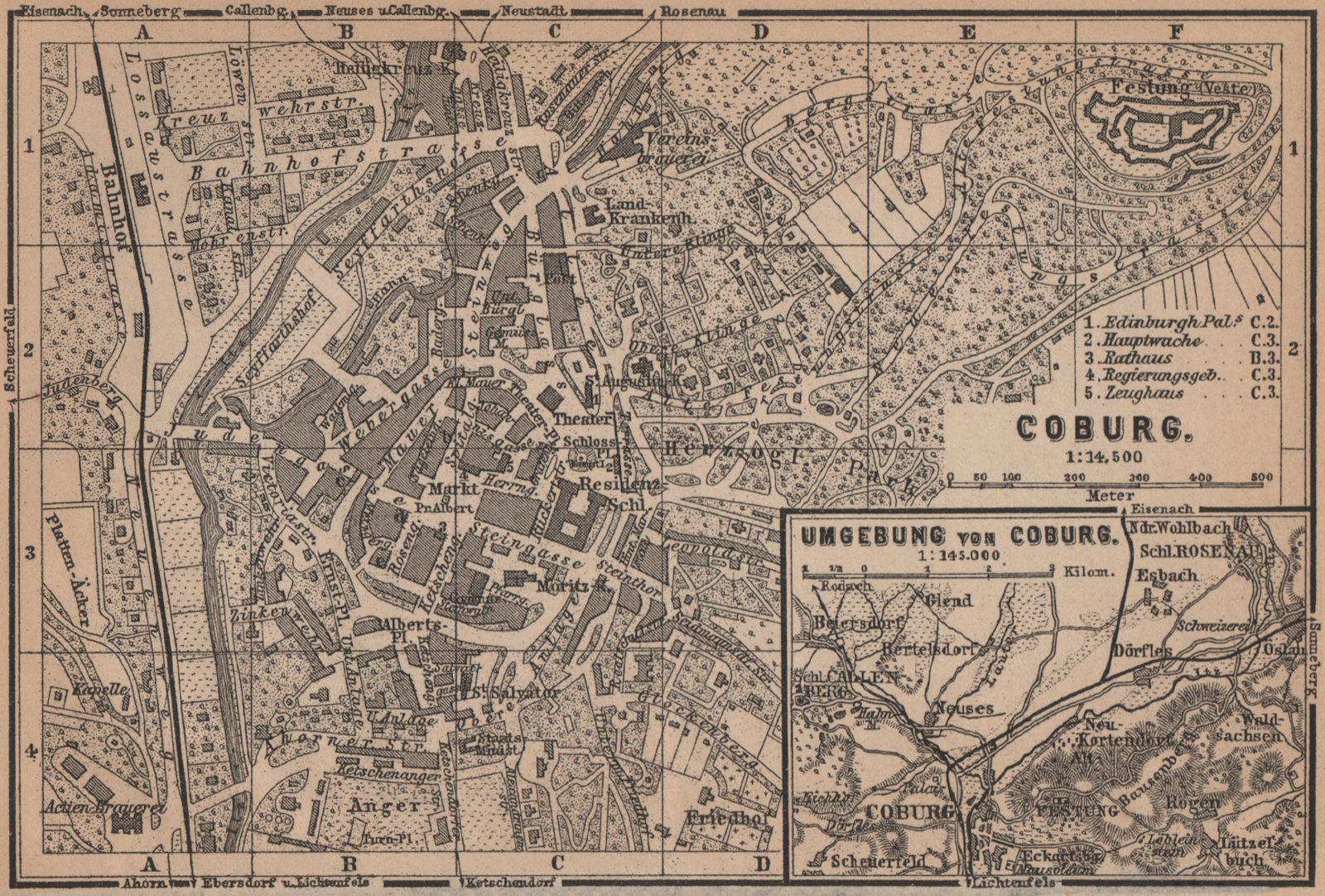 Associate Product COBURG antique town city stadtplan & environs/umgebung. Bavaria karte 1900 map