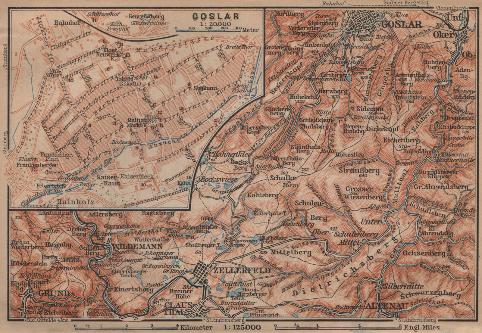 Associate Product GOSLAR town city stadtplan. Clausthal-Zellerfeld OBERHARZ mountains 1900 map
