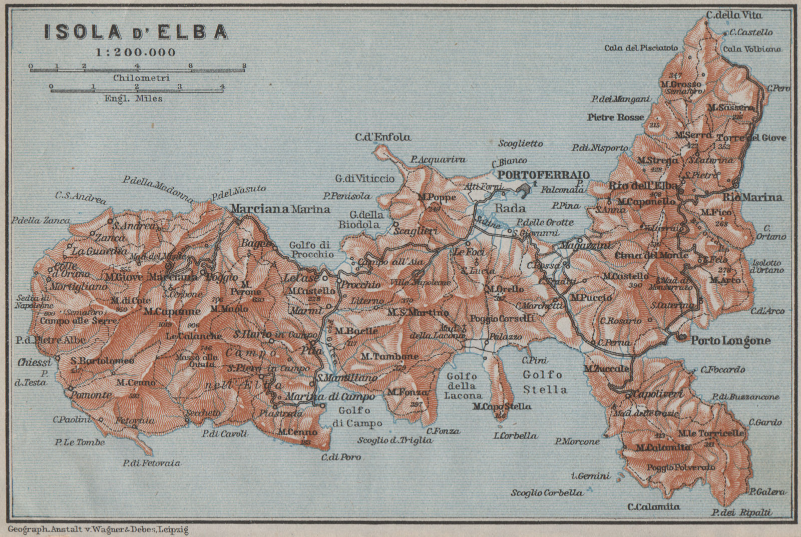 ISOLA D'ELBA topo-map. Portoferraio. Italy mappa. BAEDEKER 1909 old