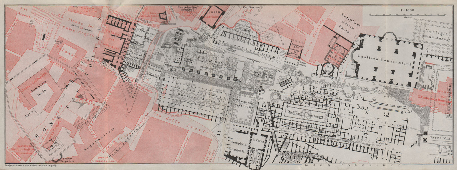 FORUM ROMANUM ground plan. Rome. Roman Forum mappa. BAEDEKER 1909 old