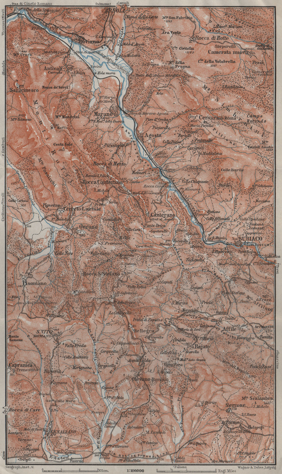 Associate Product SABINA. Roviano Subiaco Arsoli Marano Aniene/Teverone river topo-map 1909