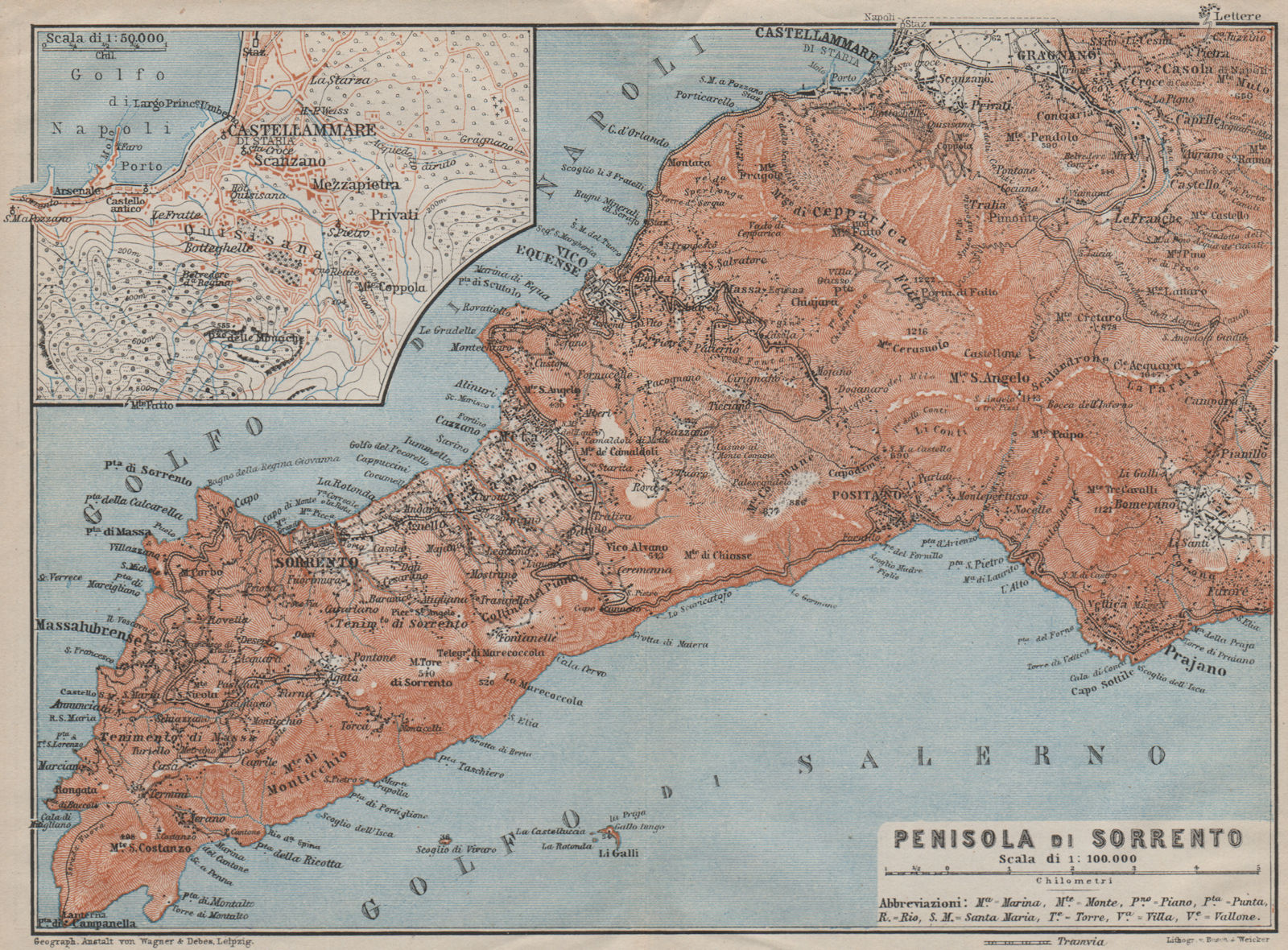 Penisola SORRENTO Peninsula. Castellammare di Stabia Positano Praiano 1909 map