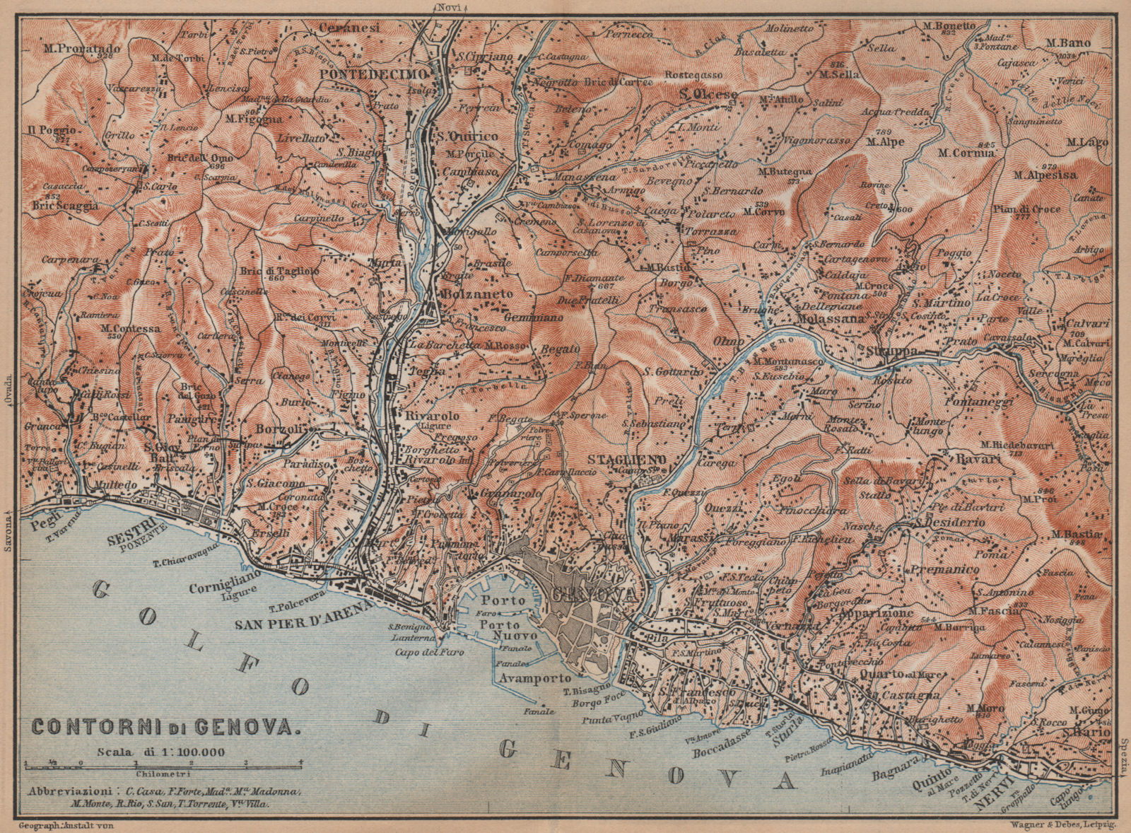 GENOVA GENOA environs. Sestri Ponente Nervi Pontedecimo. Italy mappa 1895