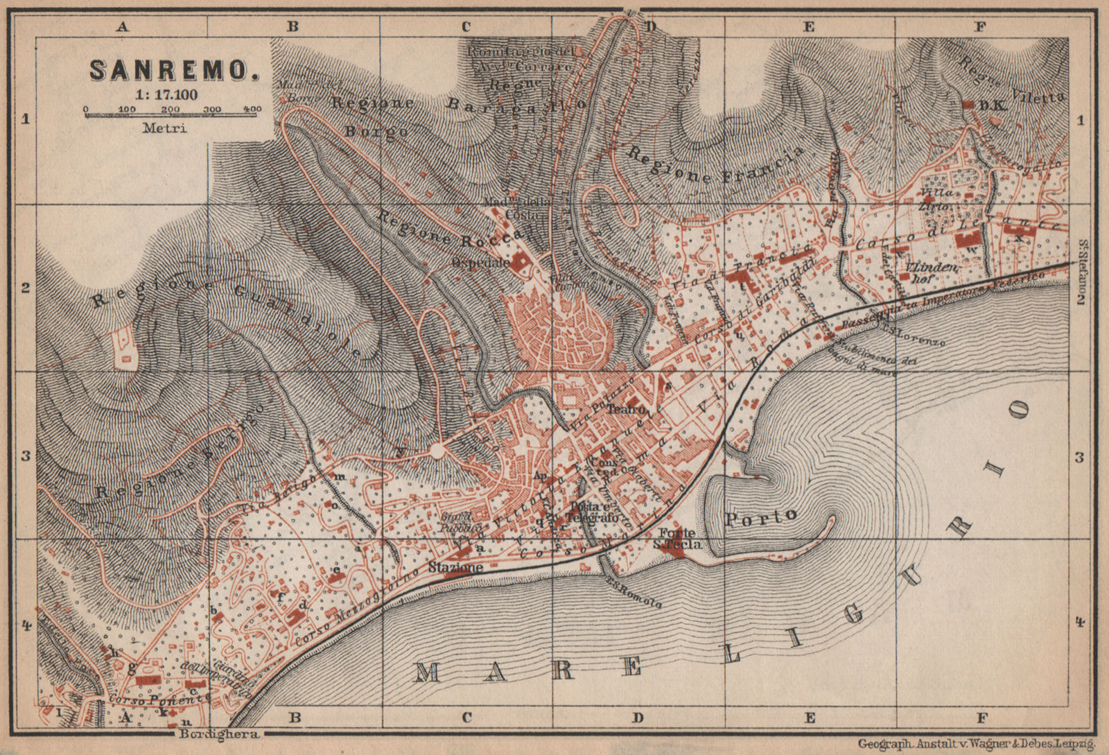 SANREMO town city plan piano urbanistico. San Remo. Italy mappa 1895 old