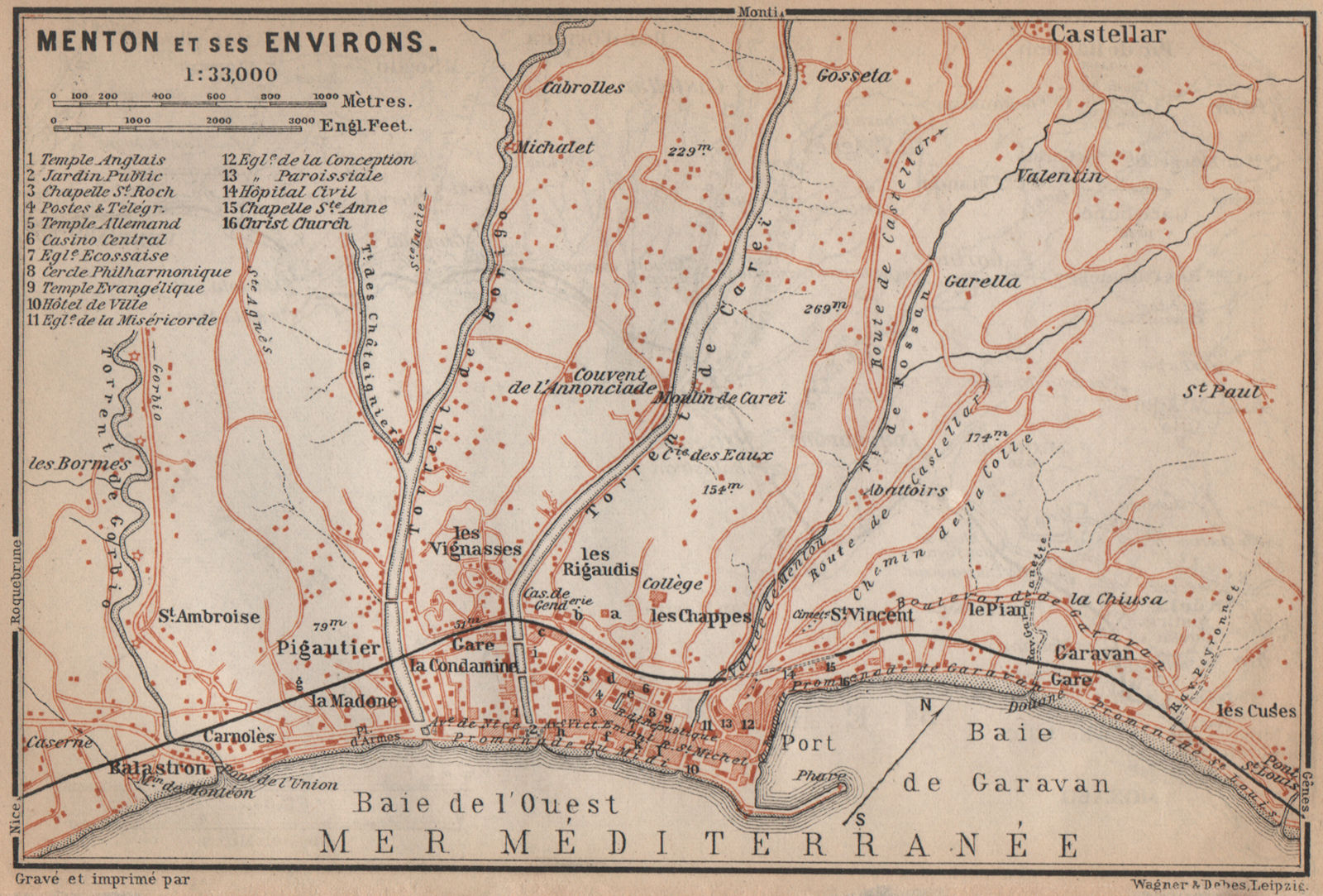MENTON MENTONE town city plan de la ville & environs. Alpes-Maritimes 1895 map
