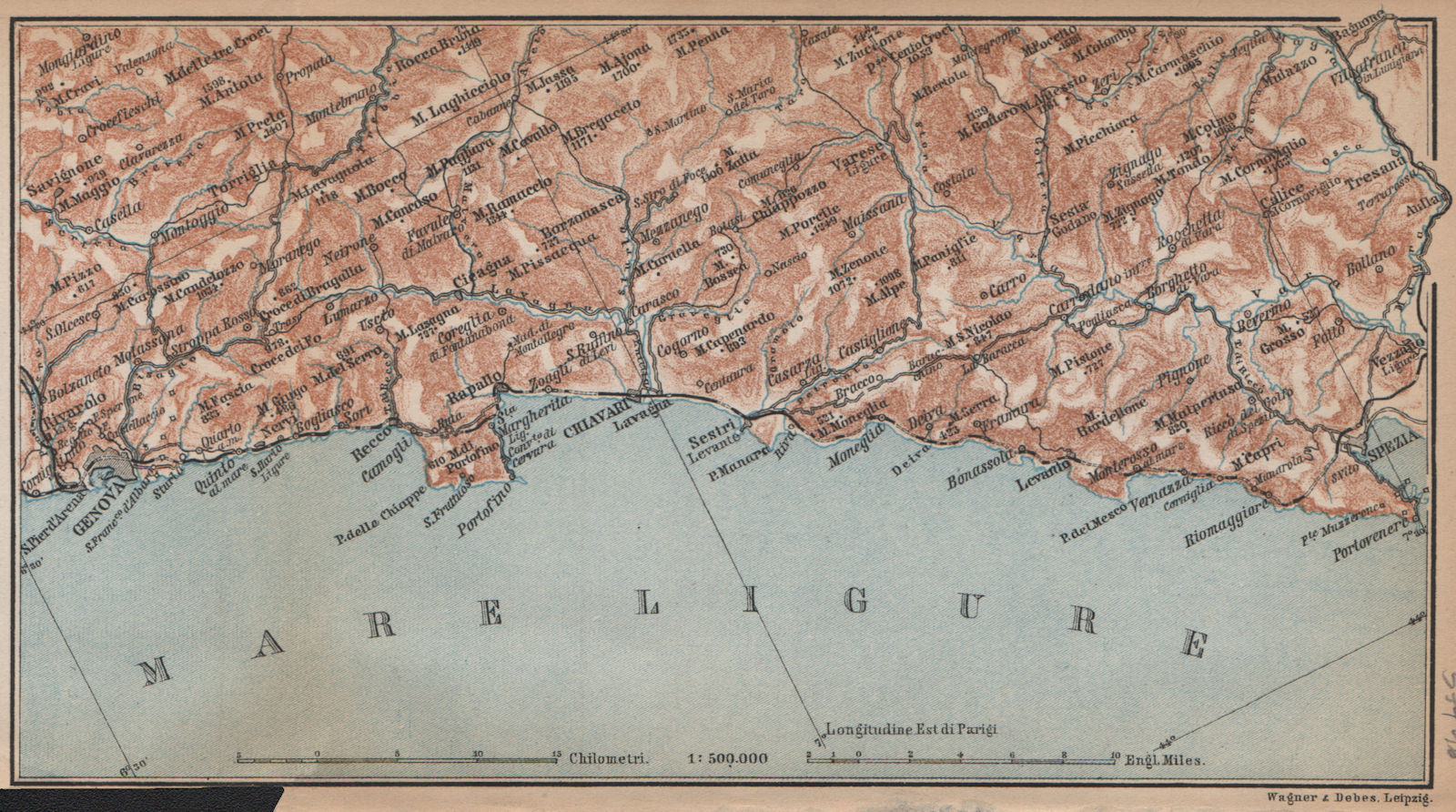 RIVIERA DI LEVANTE. Genoa Genova-Portofino-Rapallo-Chiavari-La Spezia 1895 map