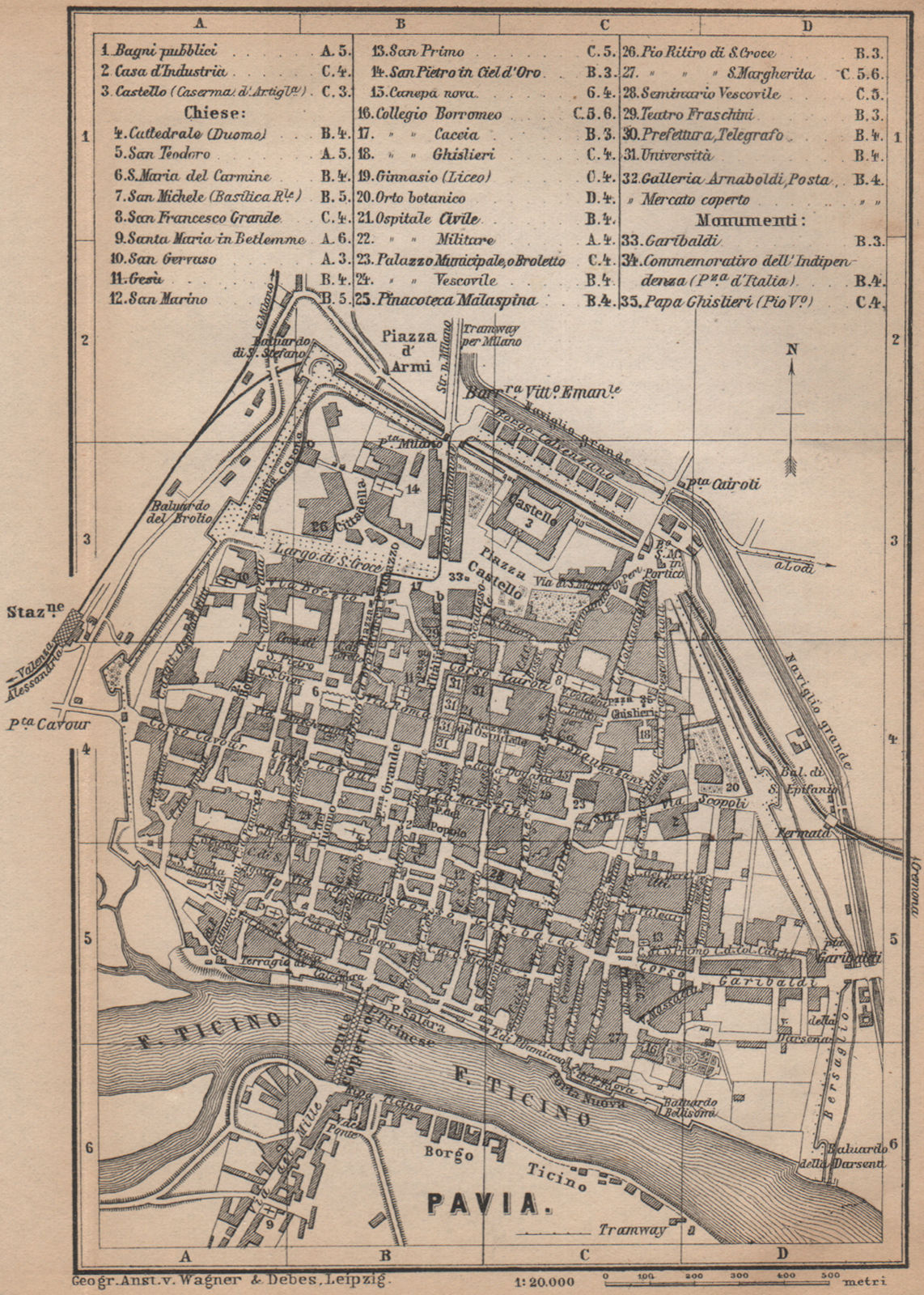PAVIA antique town city plan piano urbanistico. Italy mappa. BAEDEKER 1895