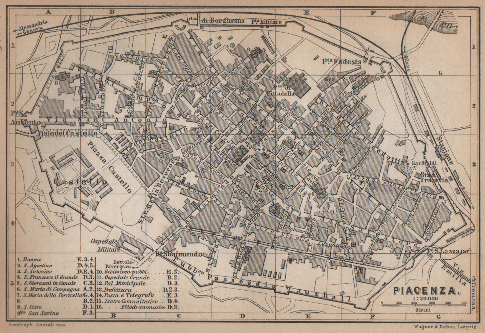 PIACENZA antique town city plan piano urbanistico. Italy mappa 1895 old