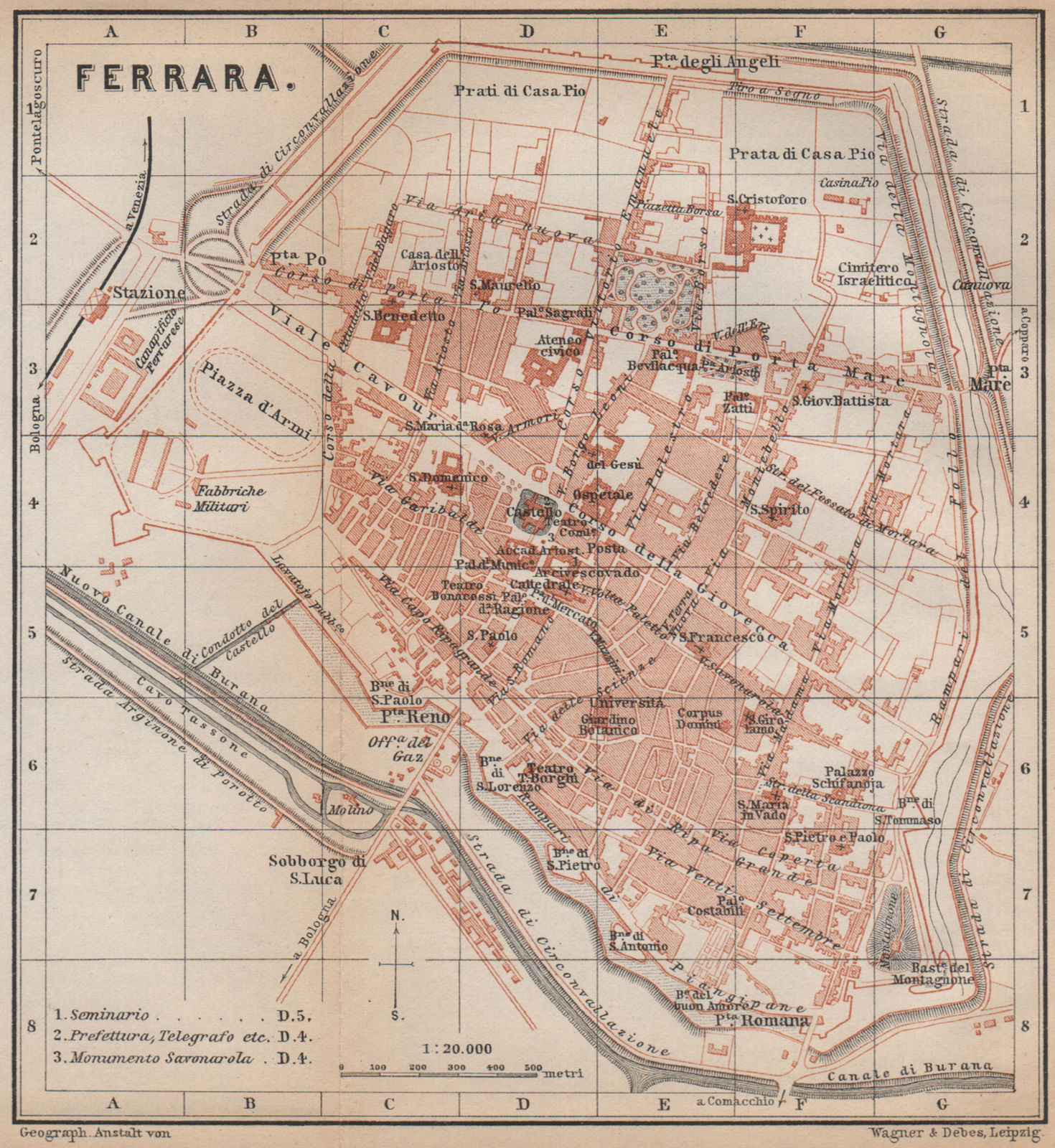 FERRARA antique town city plan piano urbanistico. Italy mappa 1895 old