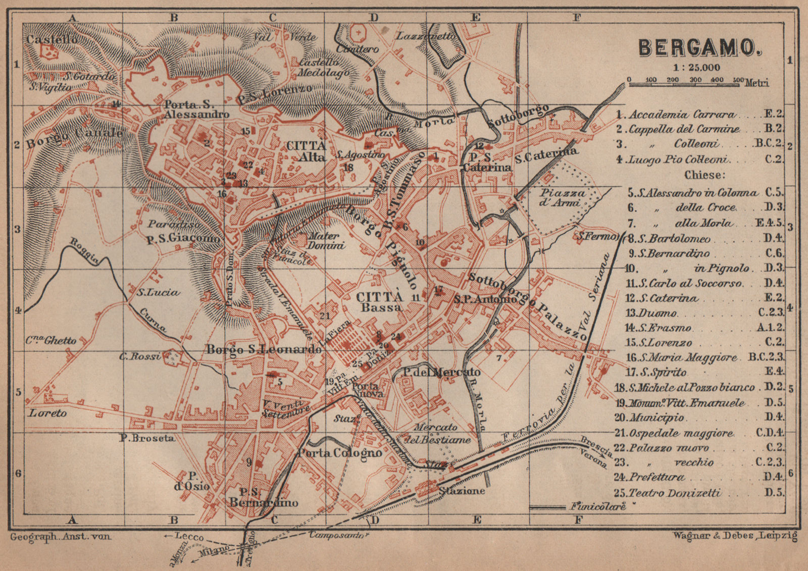 BERGAMO antique town city plan. Italy. Citta Bassa. Citta Alta mappa 1899