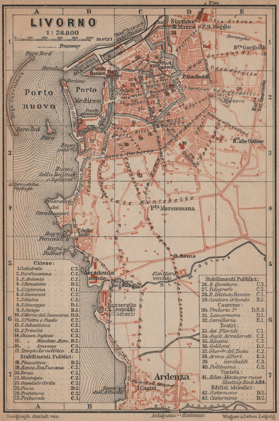LIVORNO antique town city plan piano urbanistico. Italy mappa 1899 old