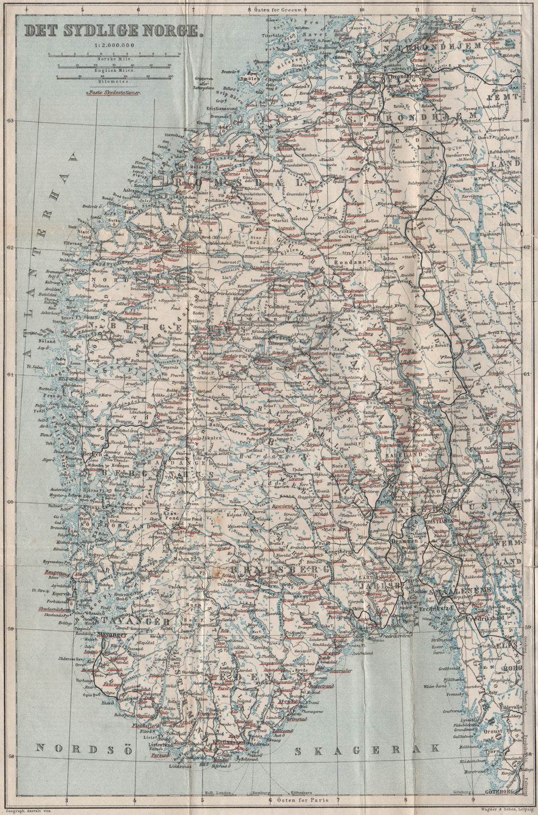 Associate Product SOUTHERN NORWAY. Det Sydlige Norge kart. BAEDEKER 1885 old antique map chart