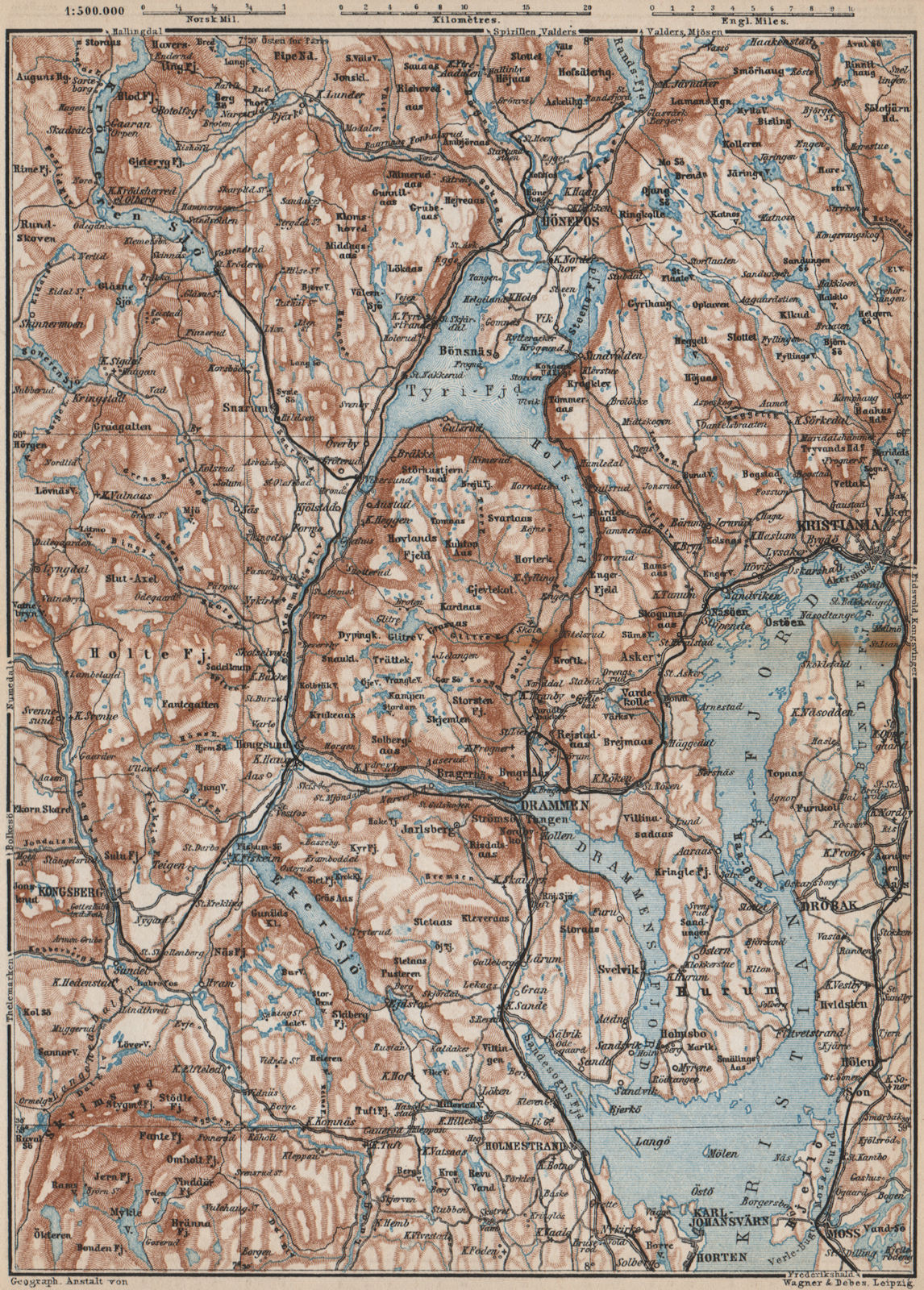 INNER OSLOFJORD. Tyrifjord Kongsberg Lake Krøderen Topo-map. Norway 1885