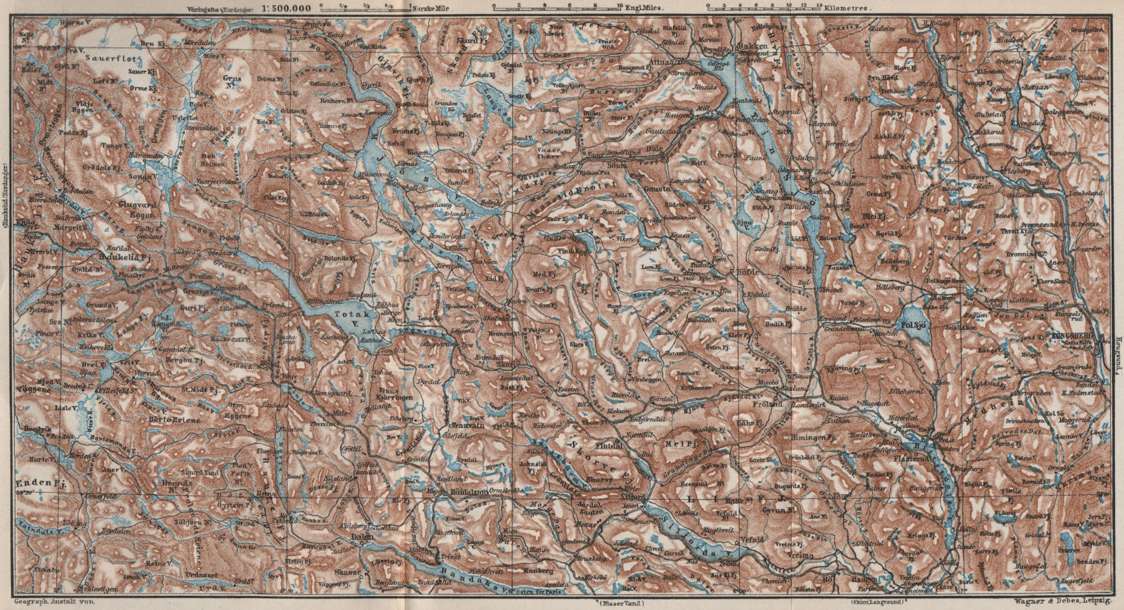 NORTH TELEMARKEN topo-map. Kongsberg Dalen Bakken. Norway kart 1885 old