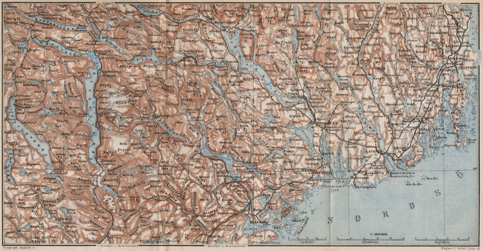 SOUTH TELEMARKEN. Tonsberg Larvik Sandefjord Skien Kragero. Norway 1885 map