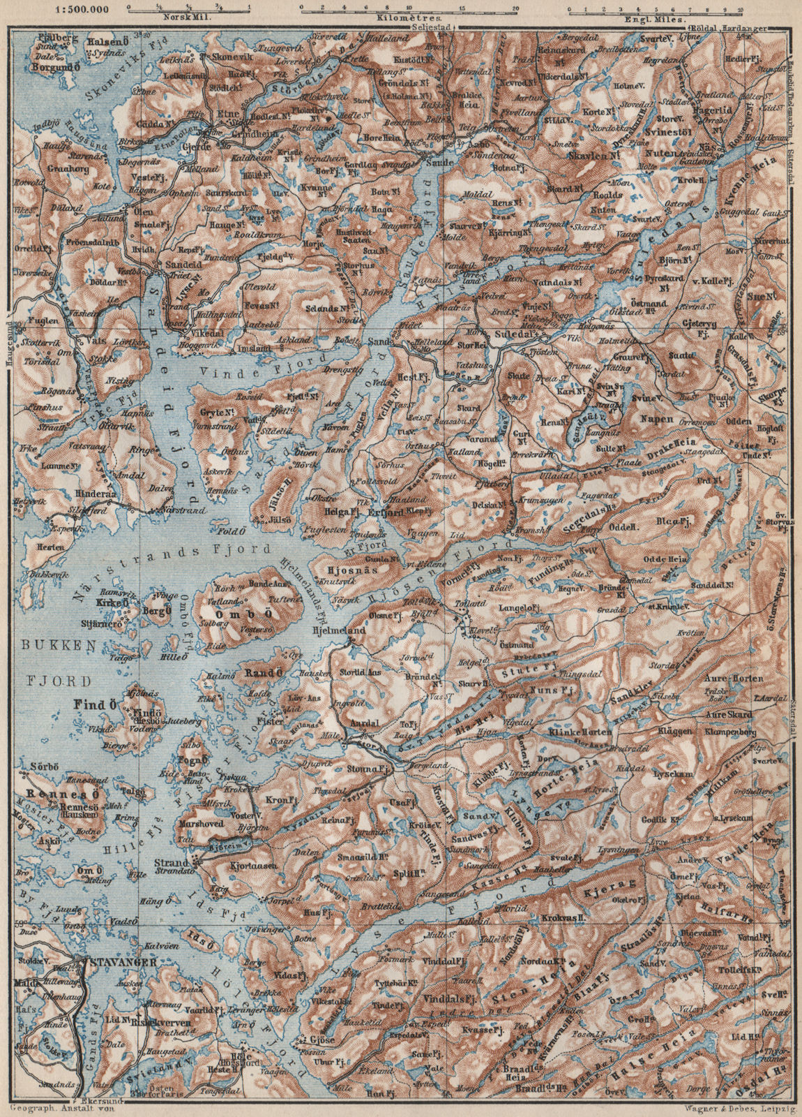 STAVANGER/BOKNA FJORD topo-map. Nedstrand Tau Sauda Etne. Norway kart 1885