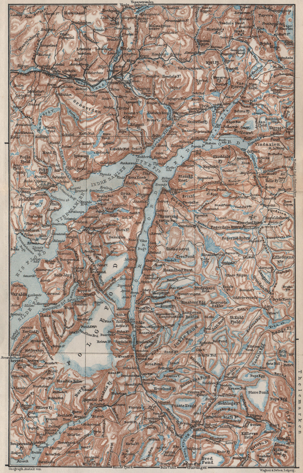 INNER HARDANGERFJORD topo-map. Folgefonna. Norway kart. BAEDEKER 1885 old