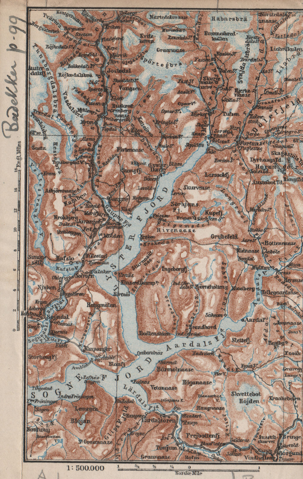 INNER SOGNEFJORD topo-map. Gaupne Luster Ardalstangen. Norway kart 1885