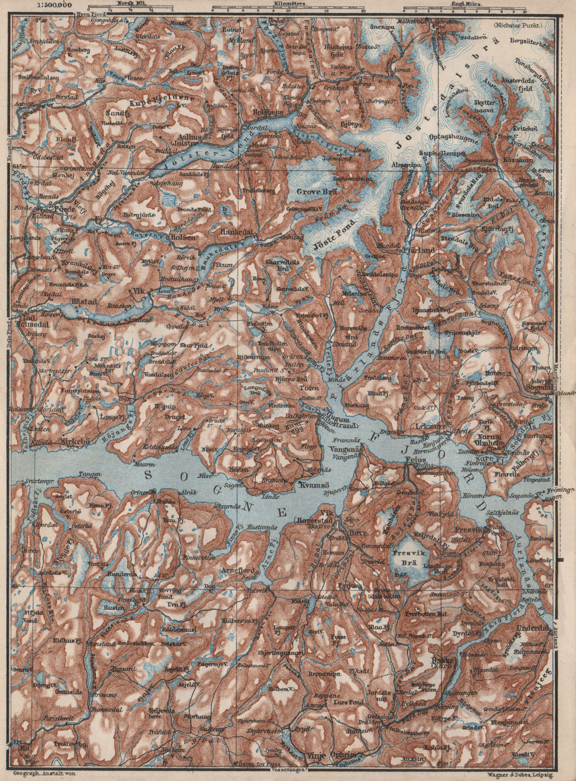 CENTRAL SOGNEFJORD topo-map. Leikanger Sogndal. Norway kart. BAEDEKER 1885