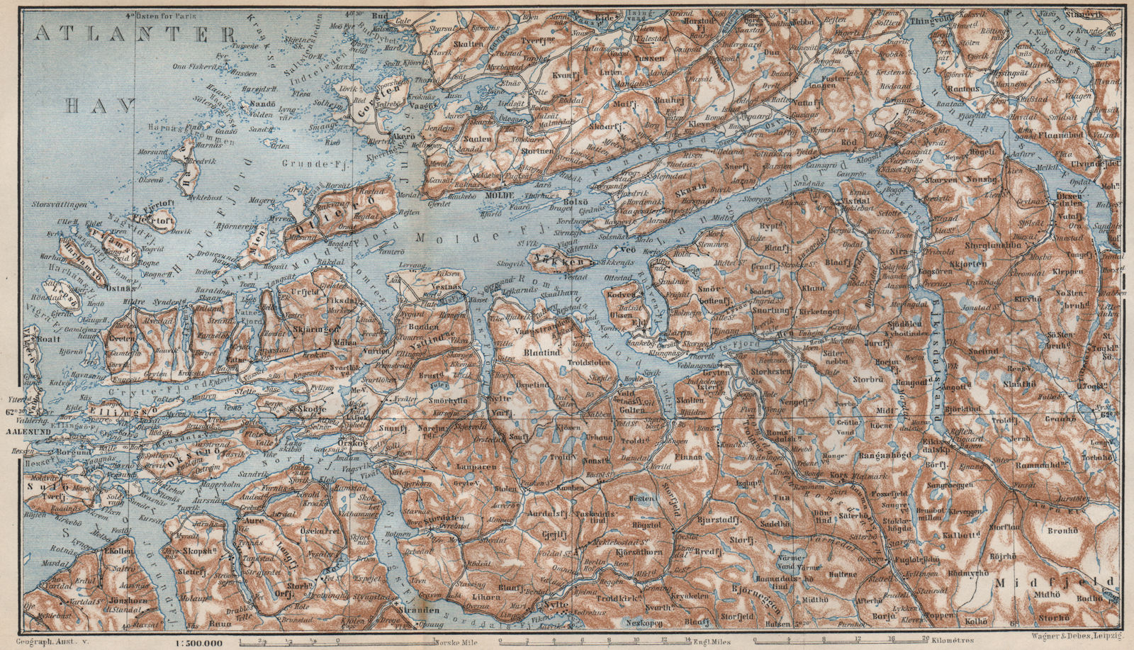 NORTHERN SONDMERE/Sunnmøre & MOLDE FJORD. Alesund. Topo-map. Norway 1885
