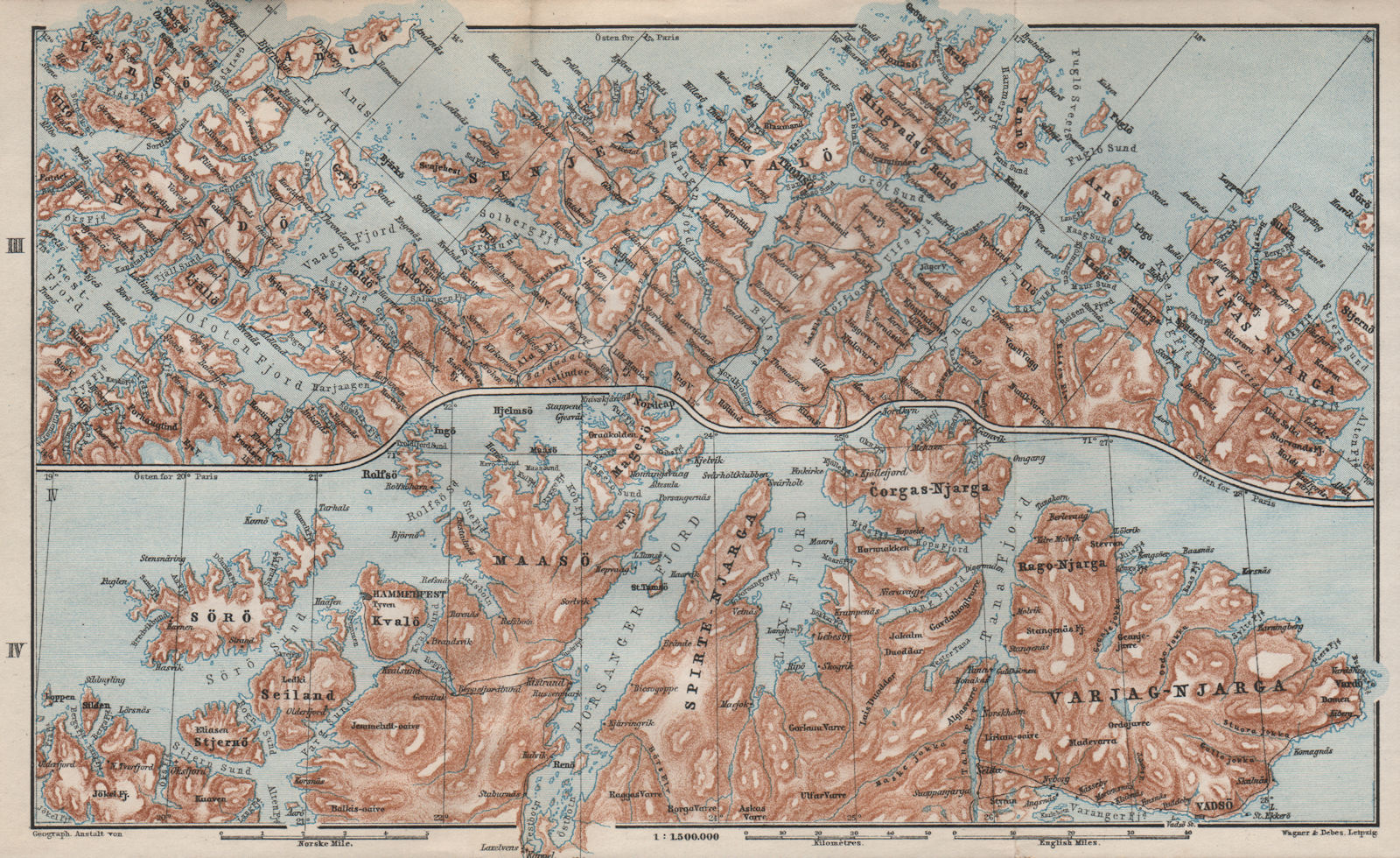 NORWAY NORTH COAST. Tromso-North Cape/Nordkapp-Vadso Topo-map. Norway 1885