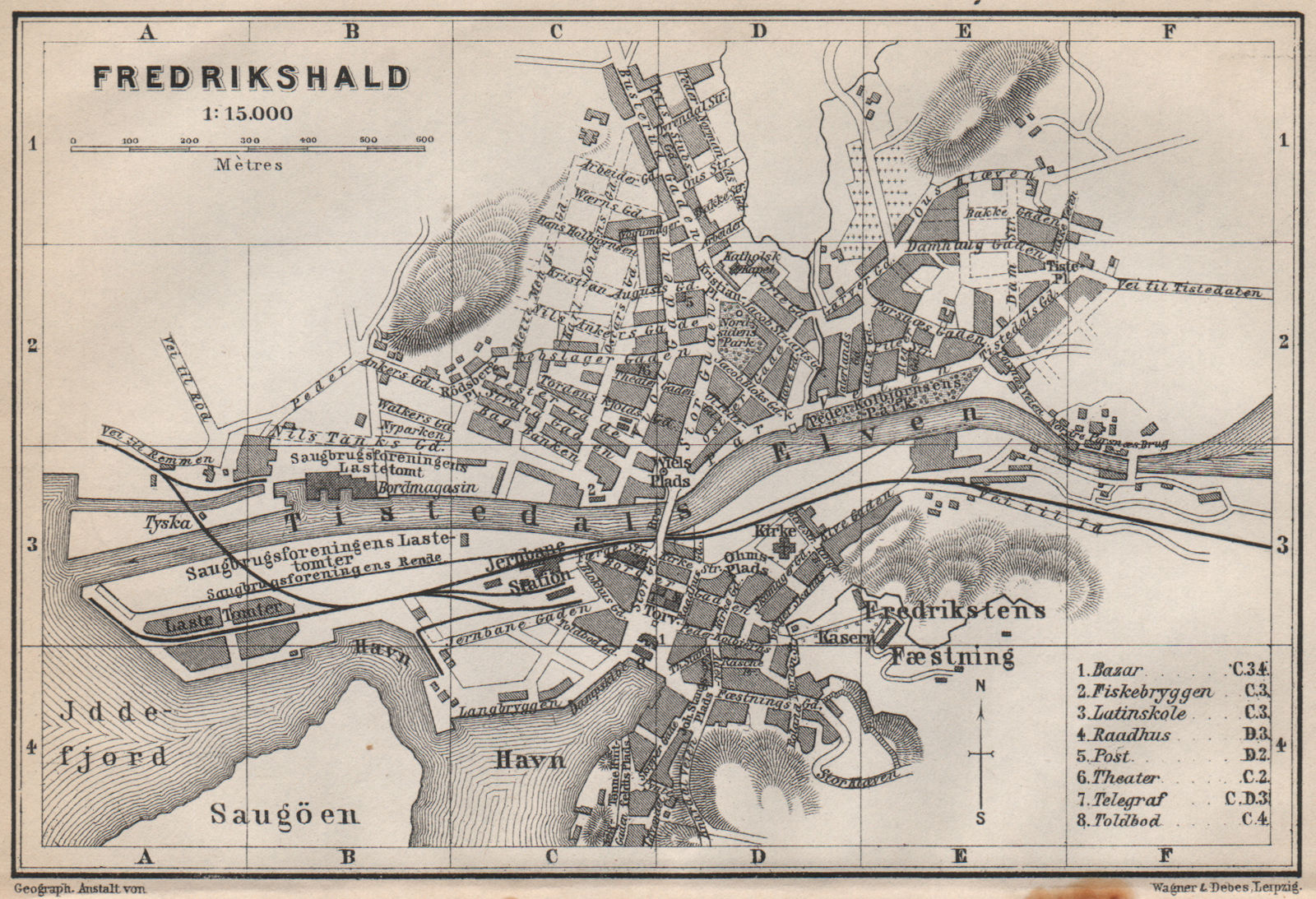HALDEN Fredrikshald antique town city byplan. Norway kart. BAEDEKER 1885 map