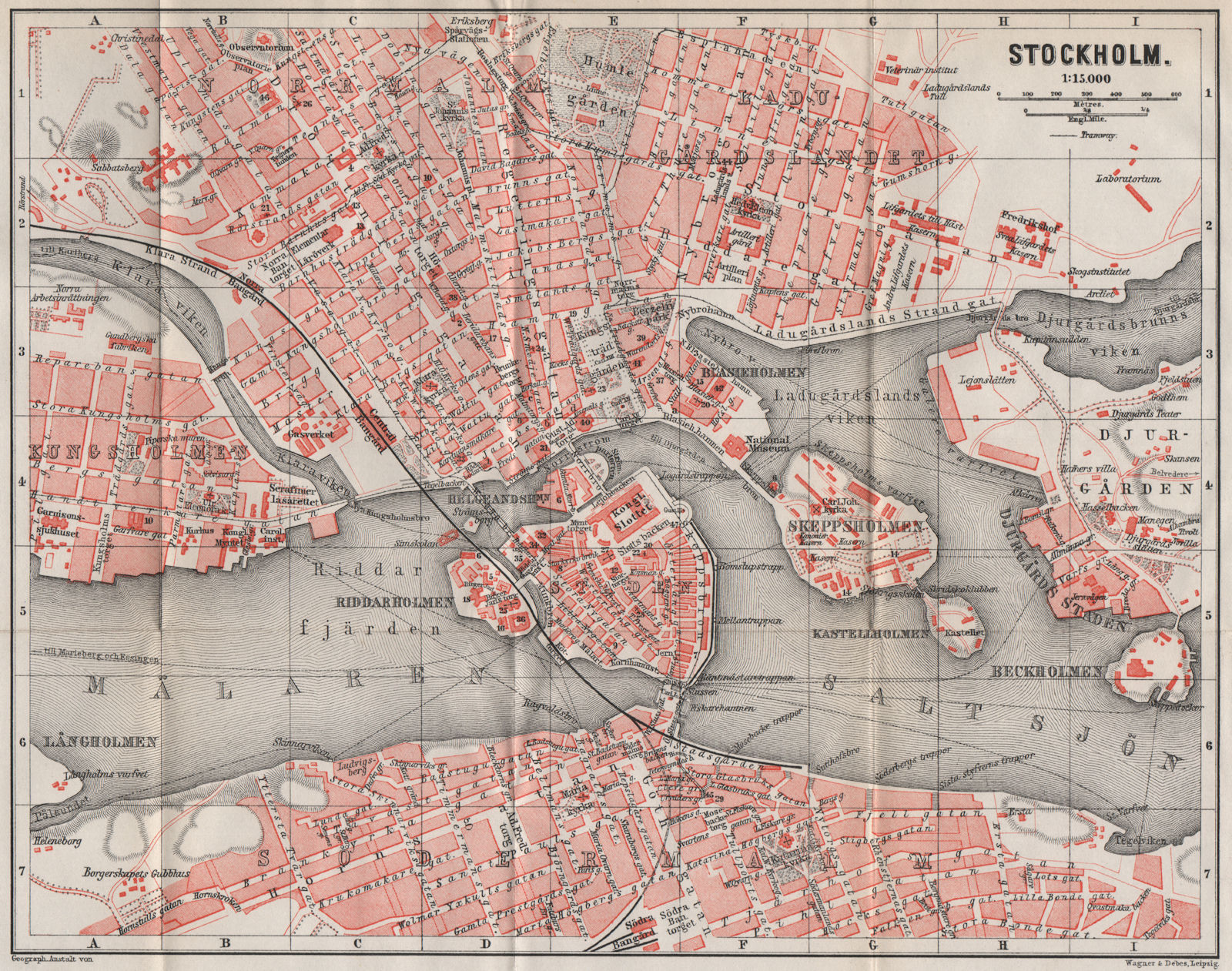 STOCKHOLM antique town city stadsplan. Sweden karta. BAEDEKER 1885 old map