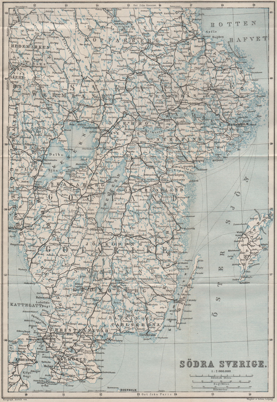 Associate Product SOUTHERN SWEDEN. Södra Sverige karta. BAEDEKER 1885 old antique map plan chart