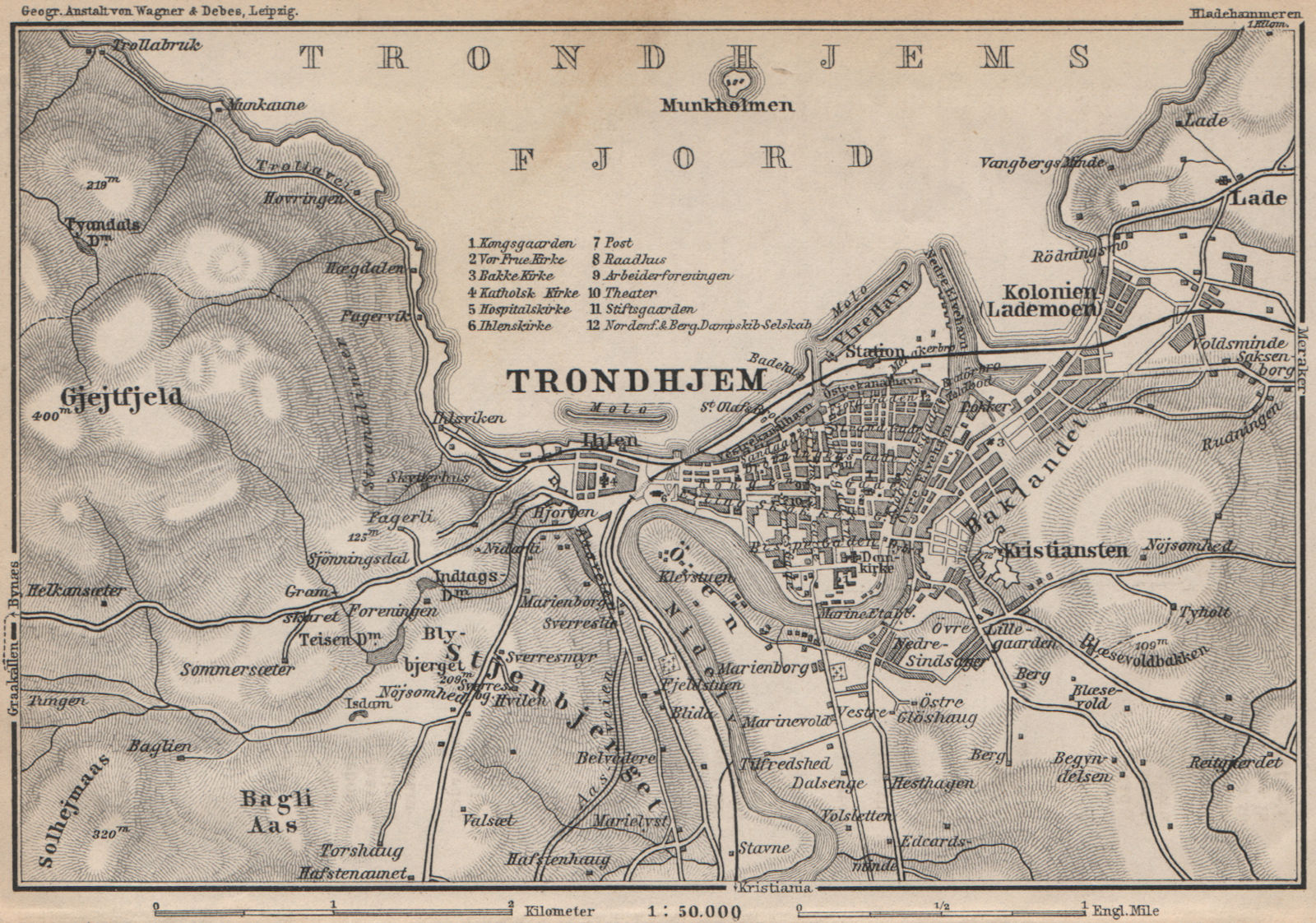 TRONDHEIM Trondhjem antique town city byplan & environs. Norway kart 1899 map