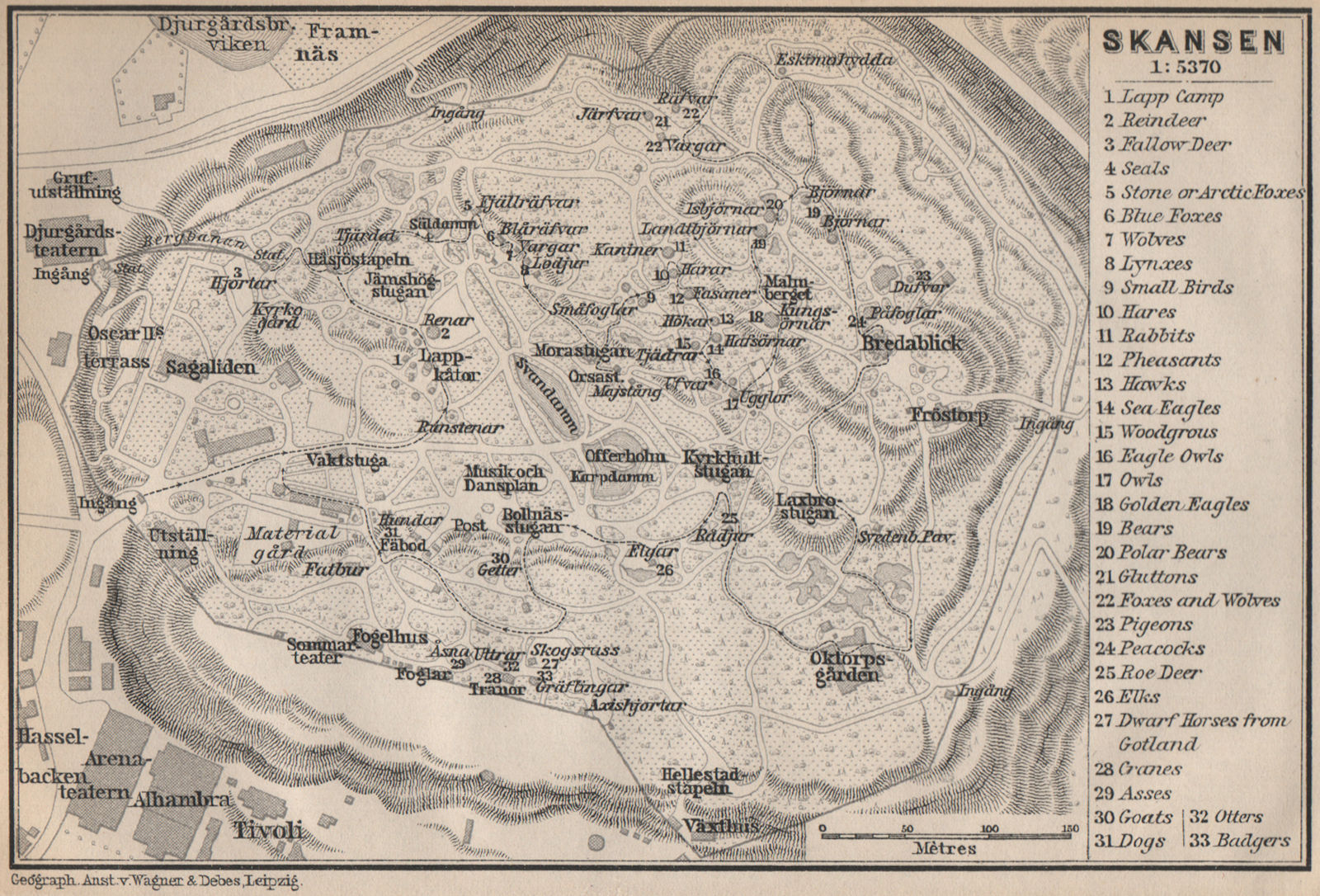 SKANSEN OPEN-AIR MUSEUM. Topo-map. Stockholm, Sweden karta. BAEDEKER 1899