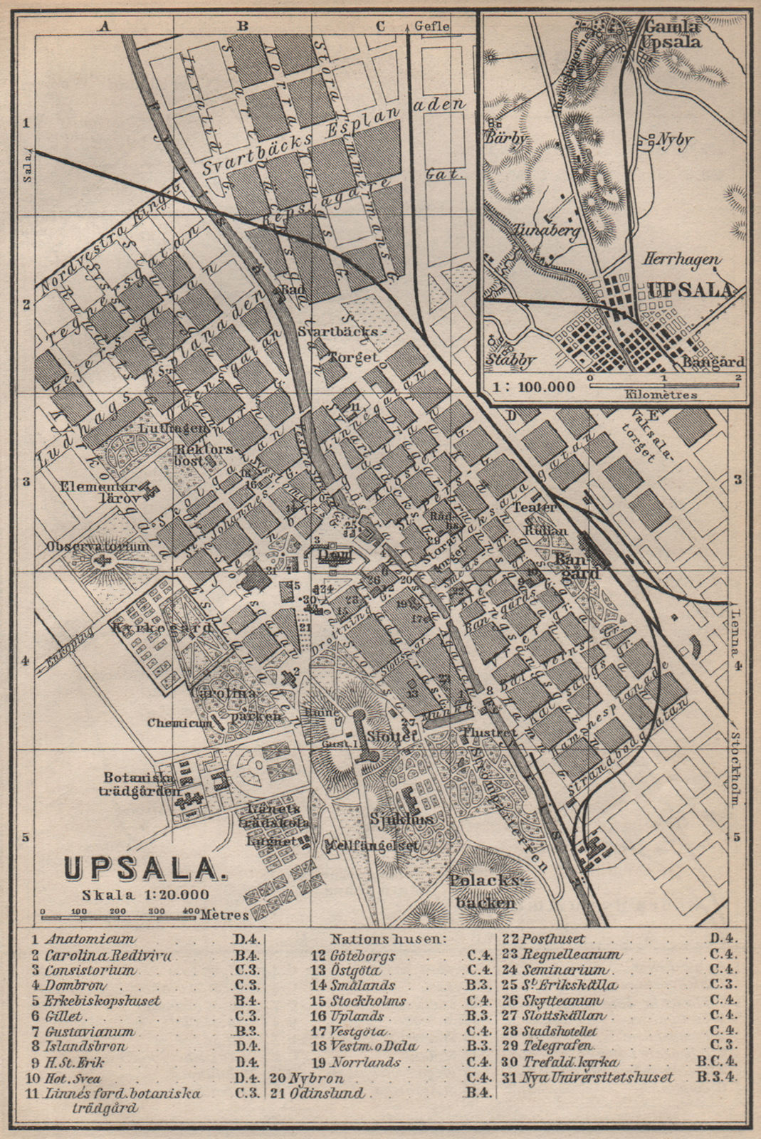 UPPSALA antique town city stadsplan. Sweden karta. BAEDEKER 1899 old map